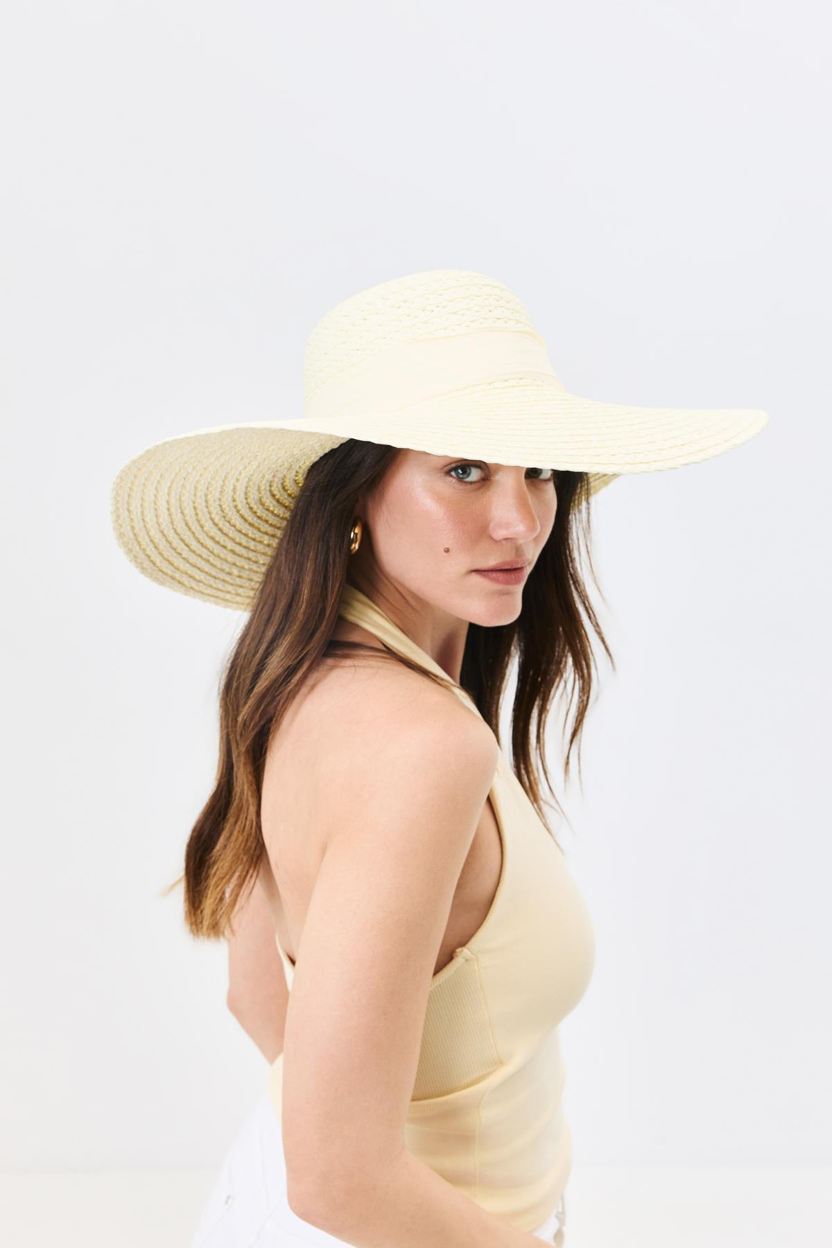 Geniş Kenar Hasır Plaj Şapkası Y25730-16 Krem