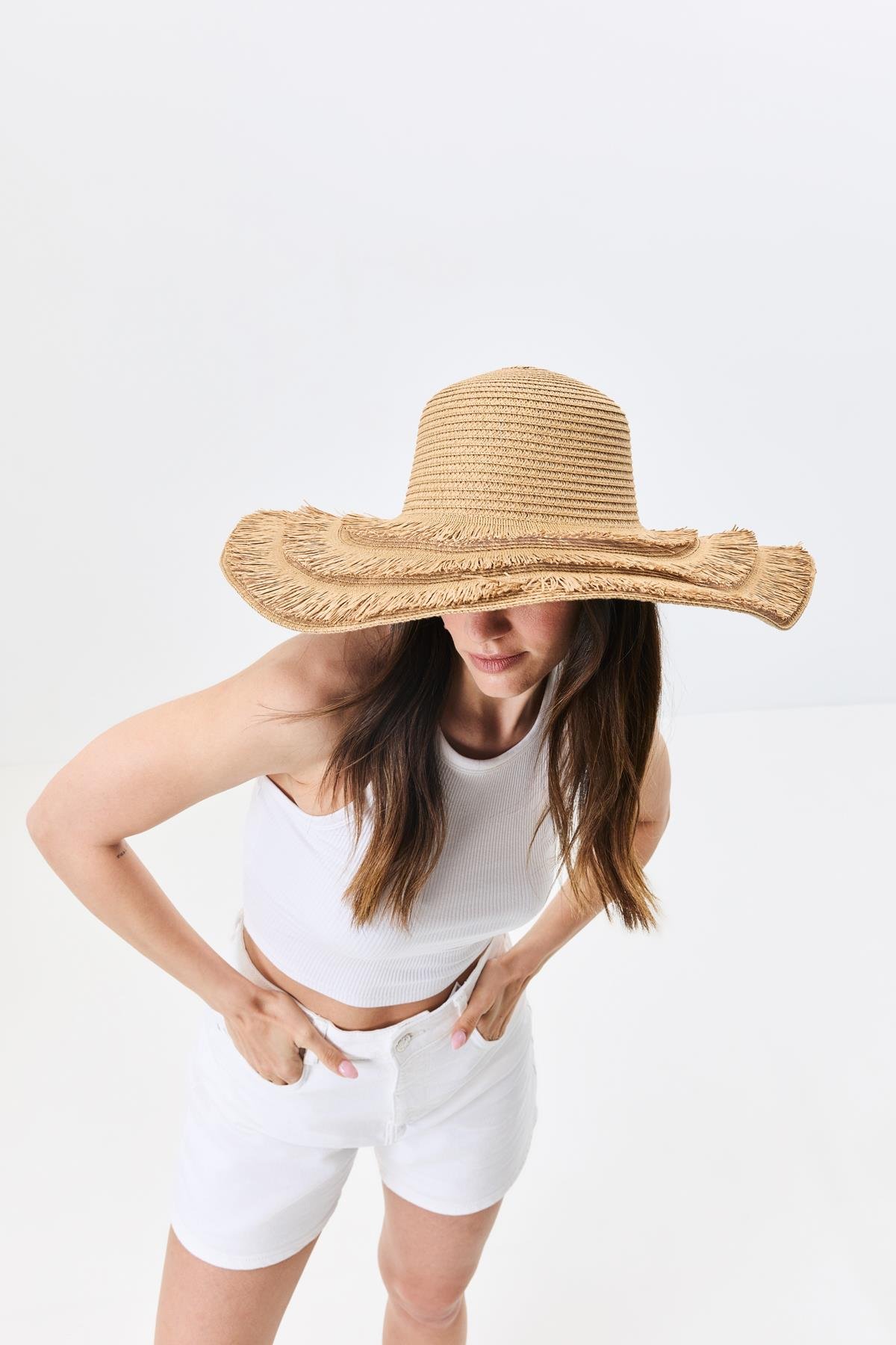 Geniş Kenar Hasır Plaj Şapkası Y25730-07 Vizon