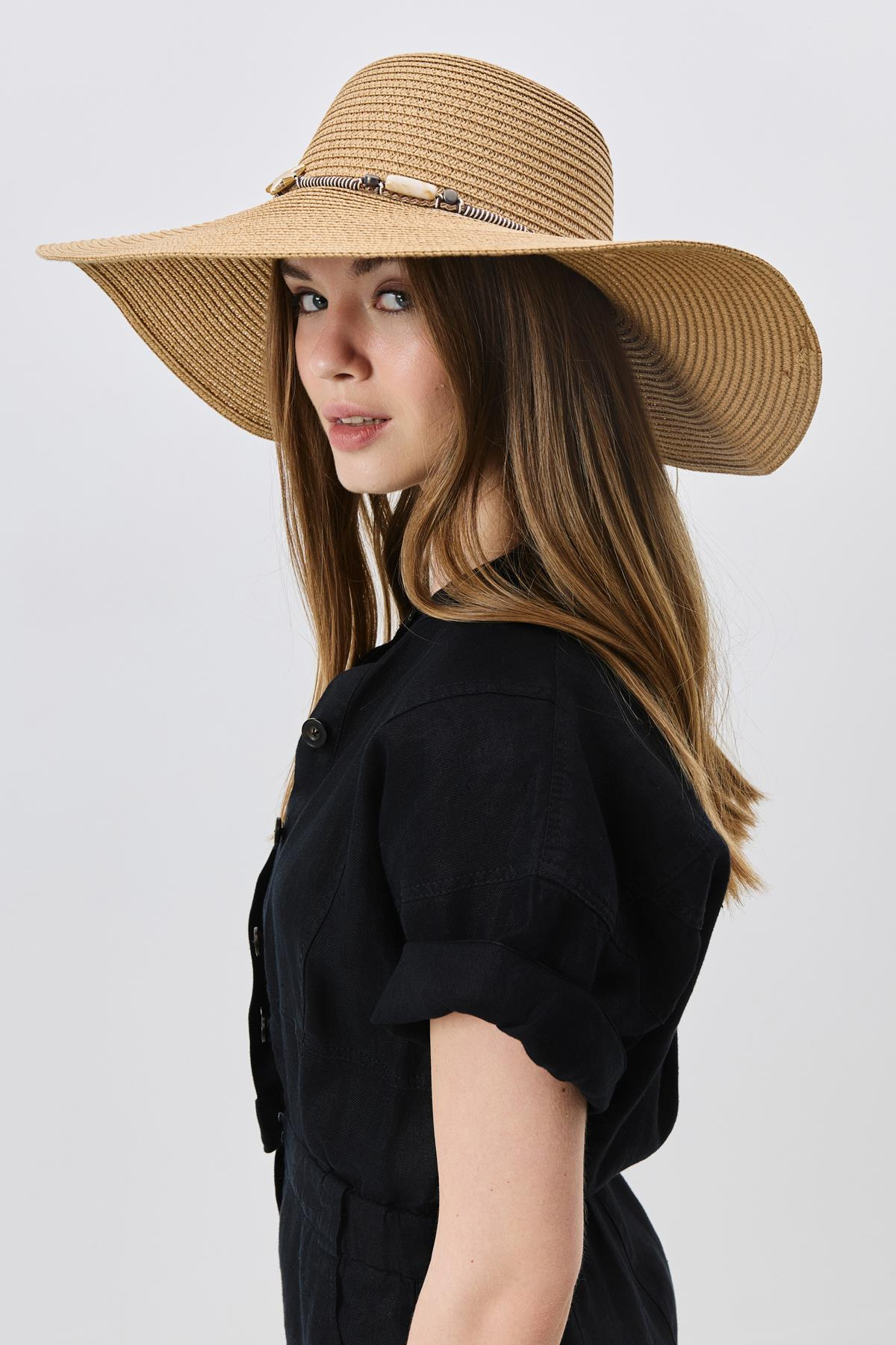 Geniş Kenar Hasır Plaj Şapkası Y25730-01 Vizon