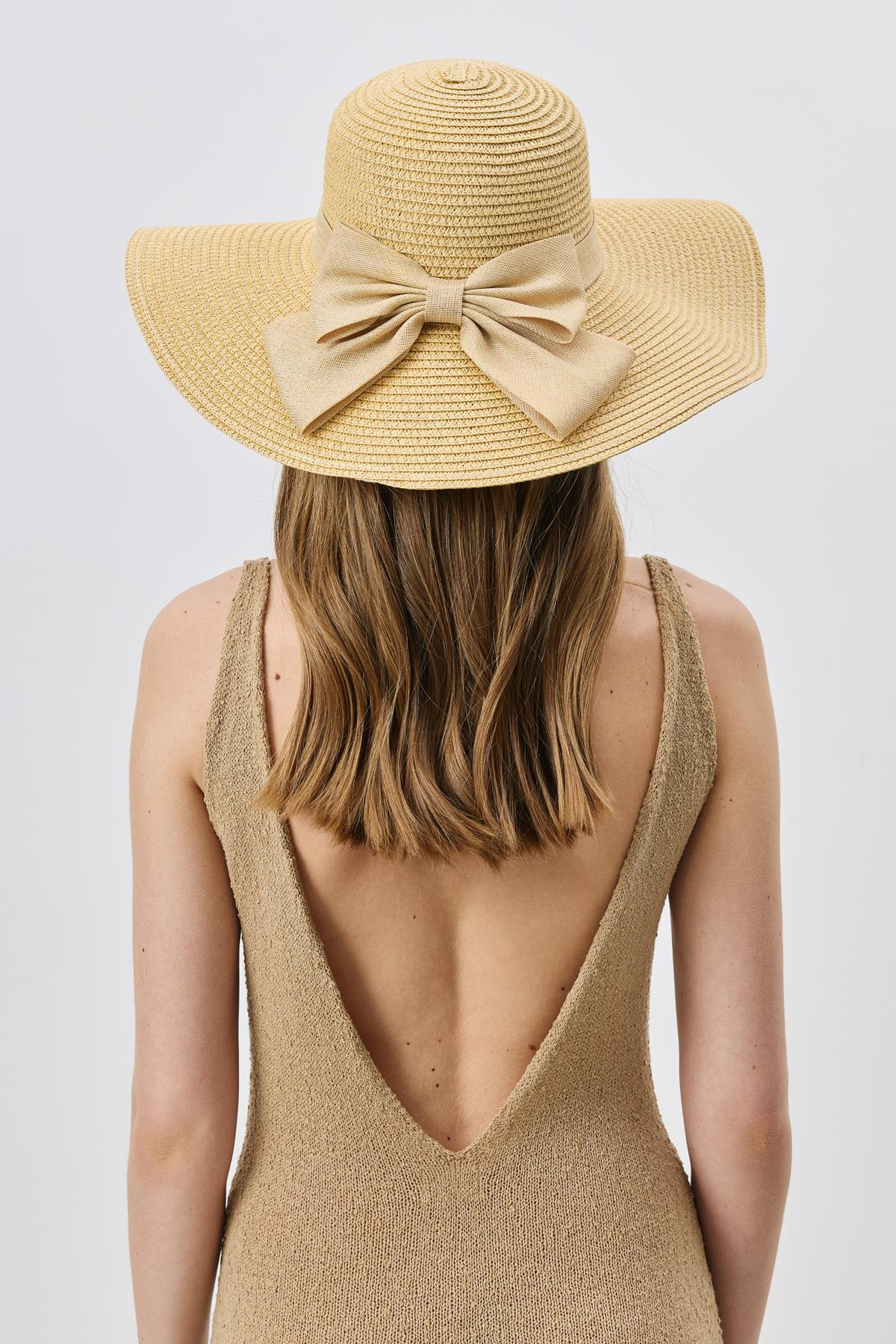 Geniş Kenar Hasır Plaj Şapkası Y25730-17 Orta Bej