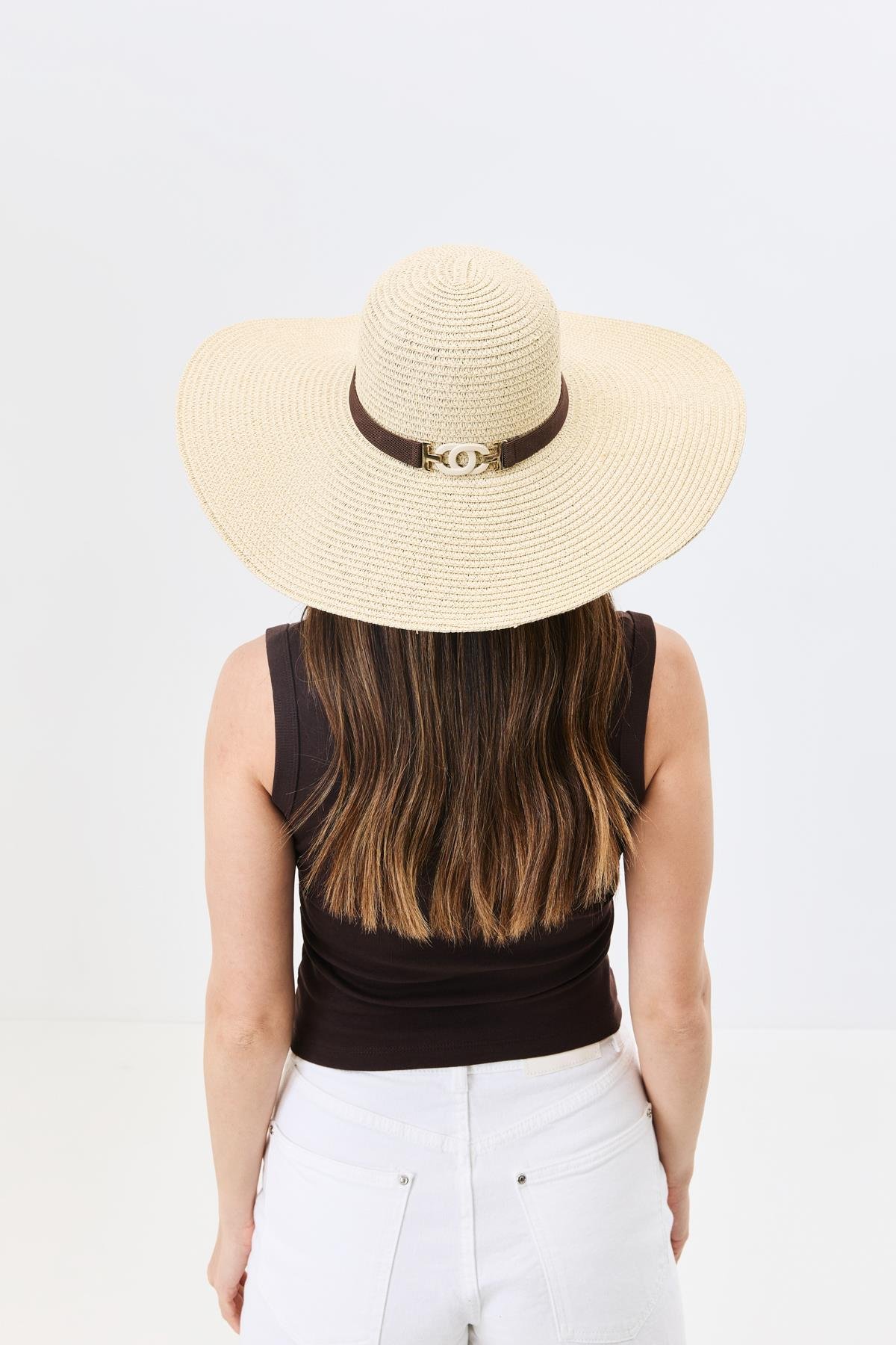 Geniş Kenar Hasır Plaj Şapkası Y25730-08 Bej