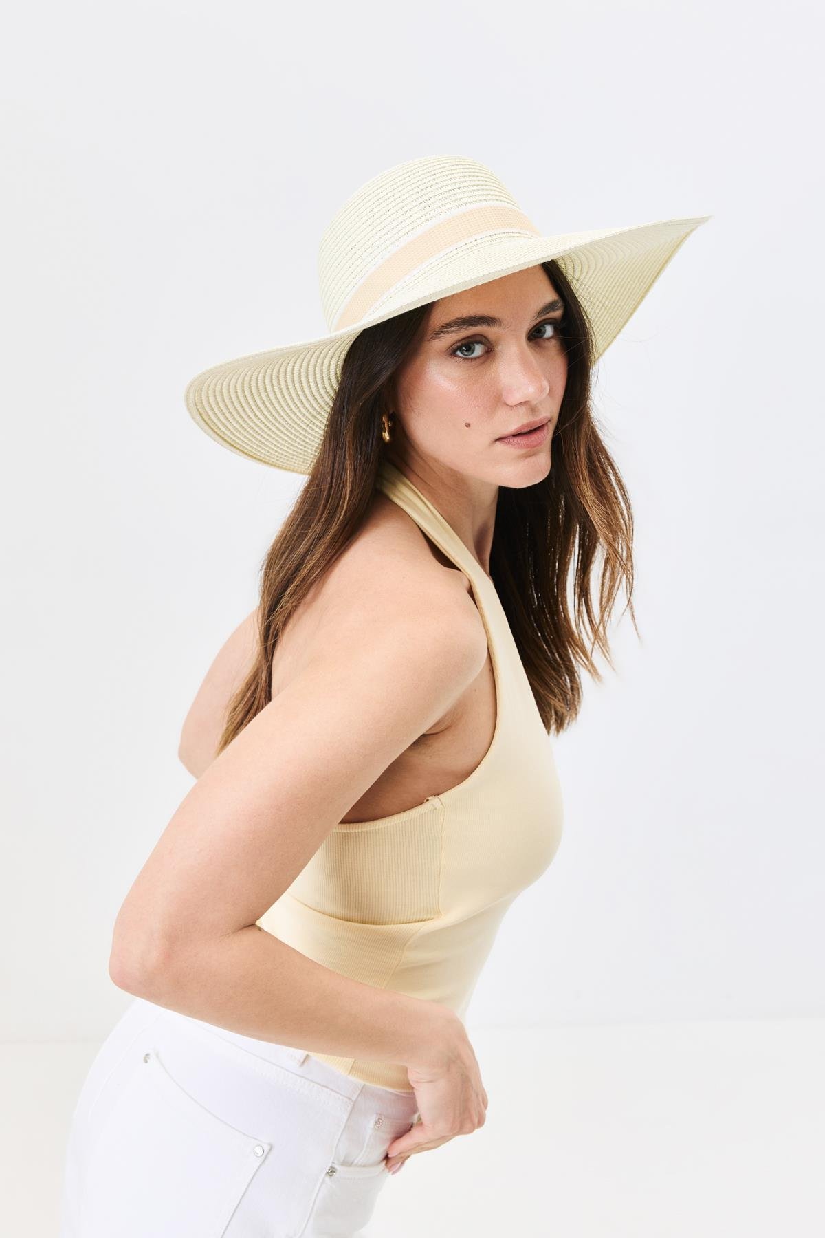 Geniş Kenar Hasır Plaj Şapkası Y25730-04 Krem