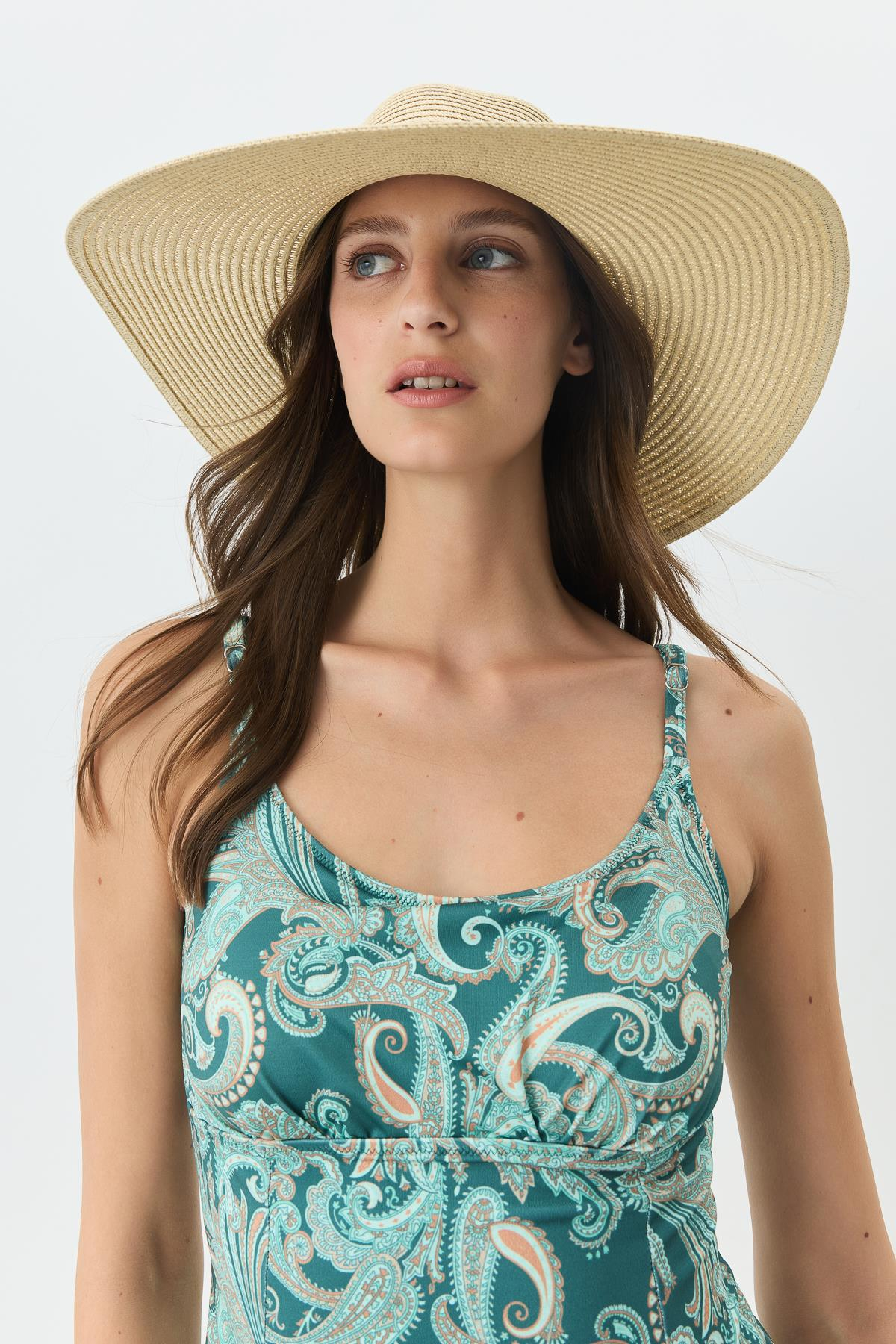 Geniş Kenar Hasır Plaj Şapkası Y25730-02 Bej