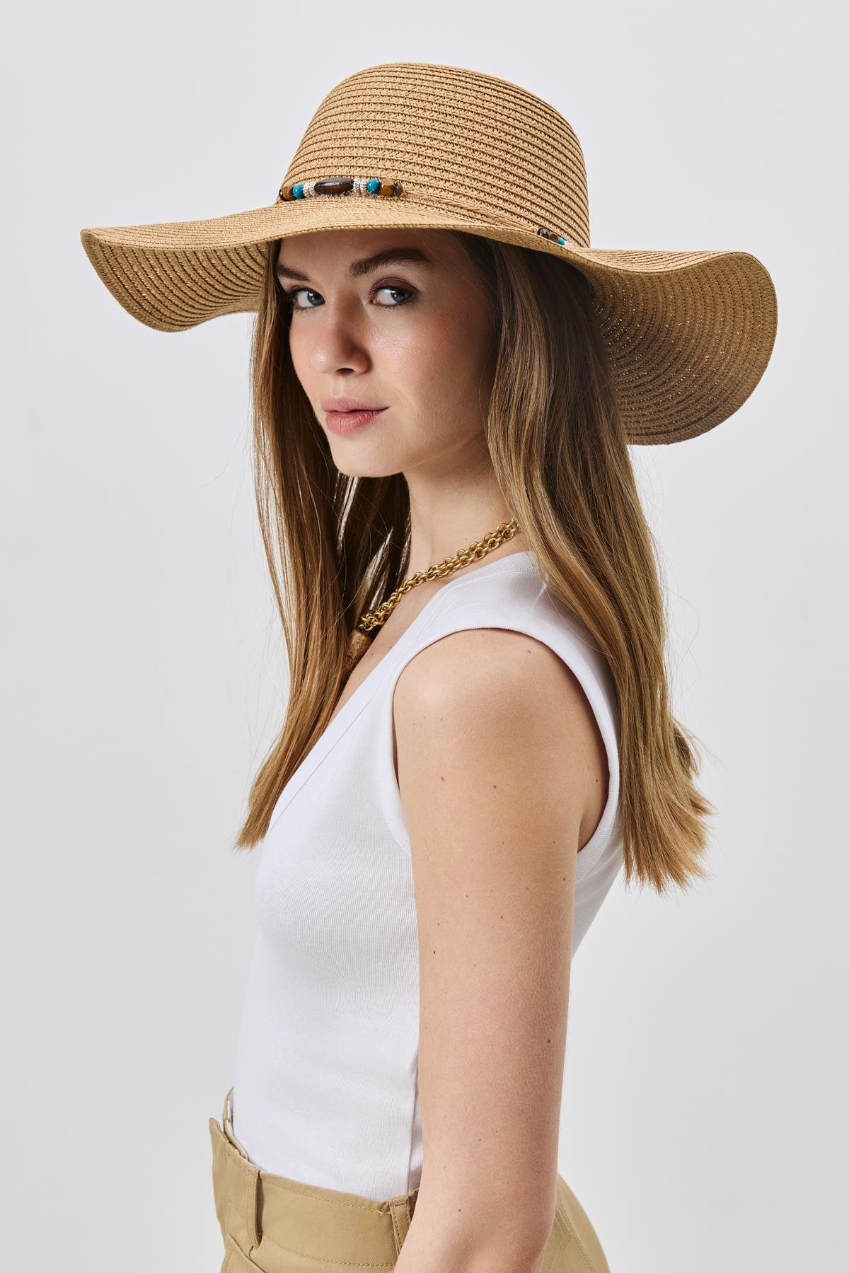 Geniş Kenar Hasır Plaj Şapkası Y25730-03 Vizon