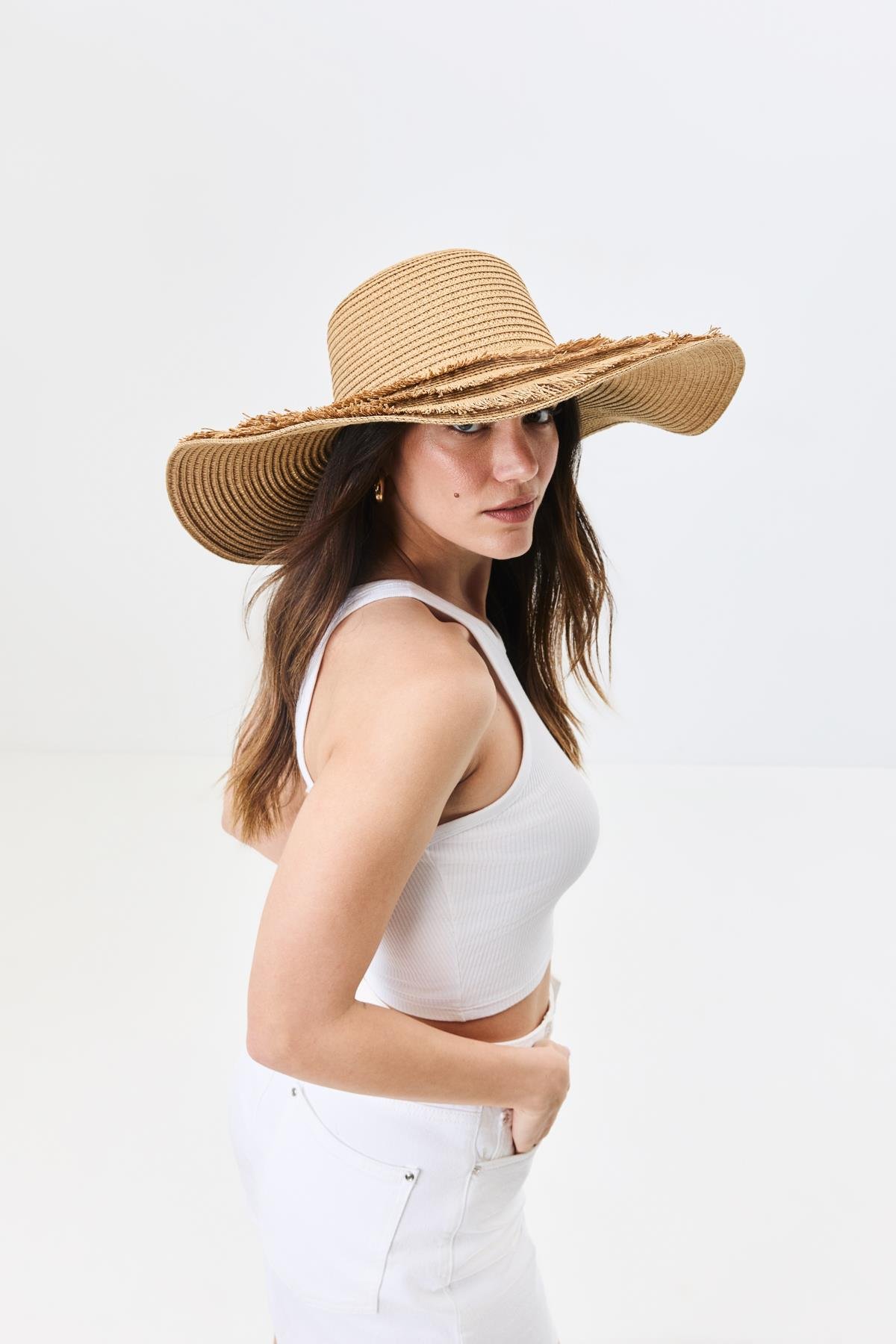 Geniş Kenar Hasır Plaj Şapkası Y25730-07 Vizon