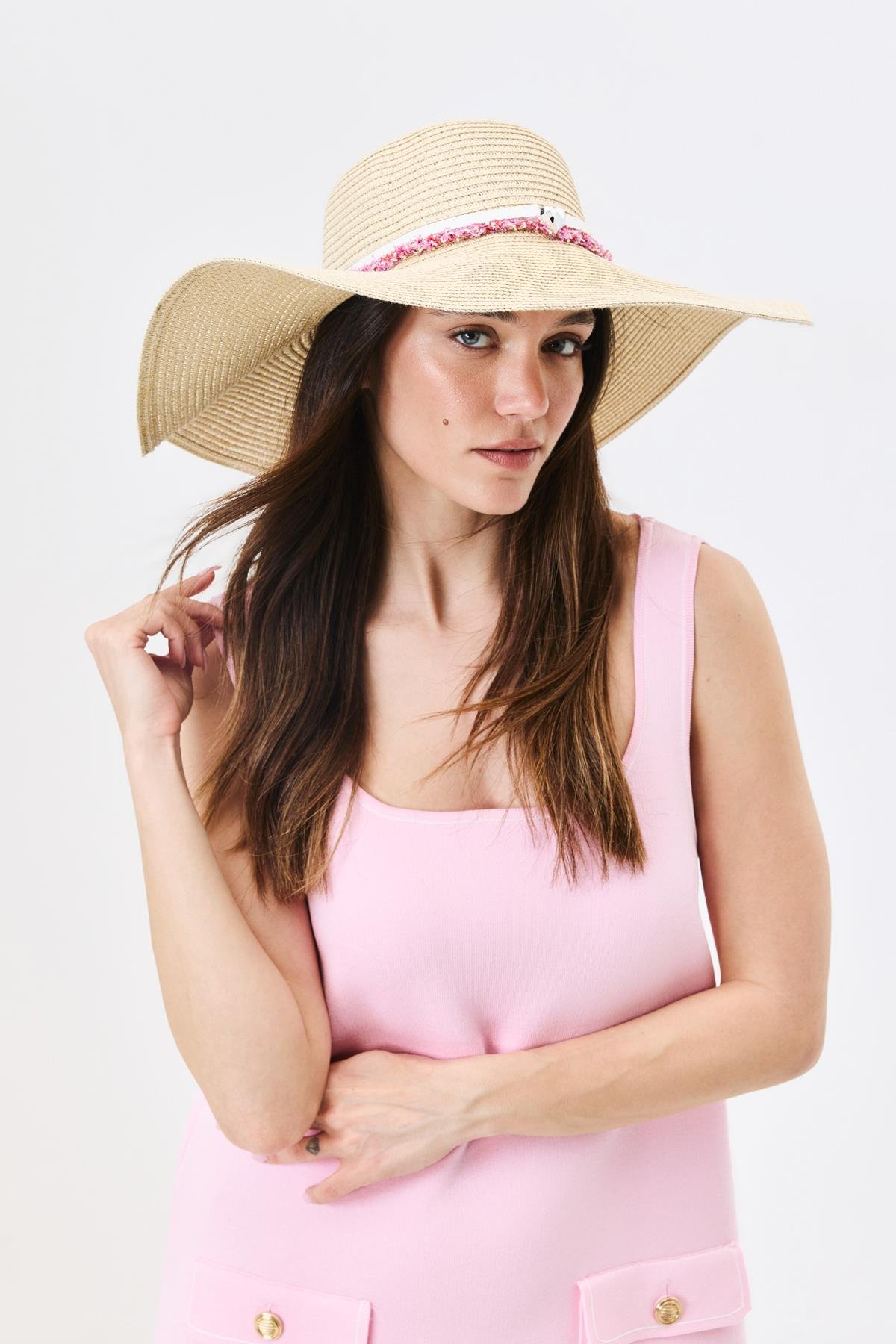 Geniş Kenar Hasır Plaj Şapkası Y25730-06 Bej