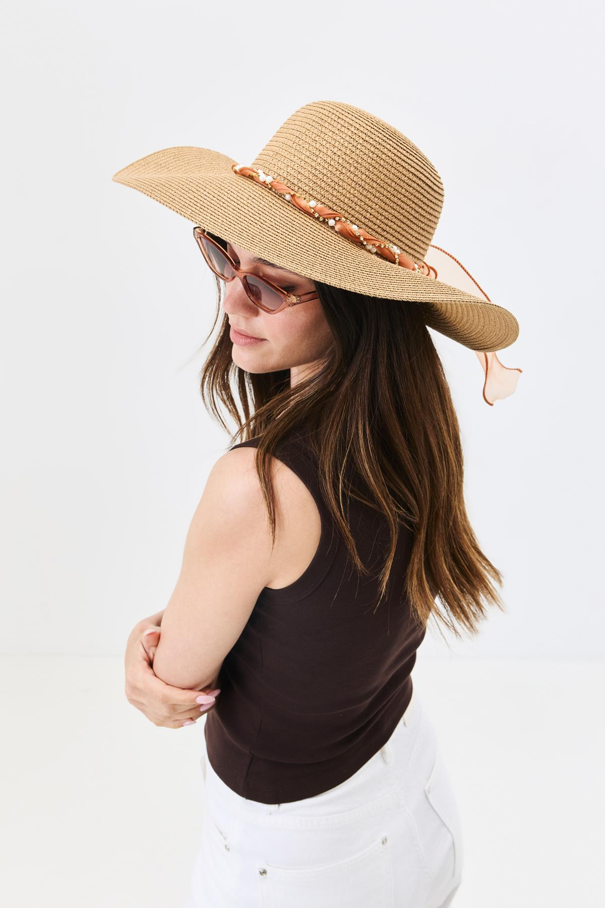 Geniş Kenar Hasır Plaj Şapkası Y25730-09 Vizon