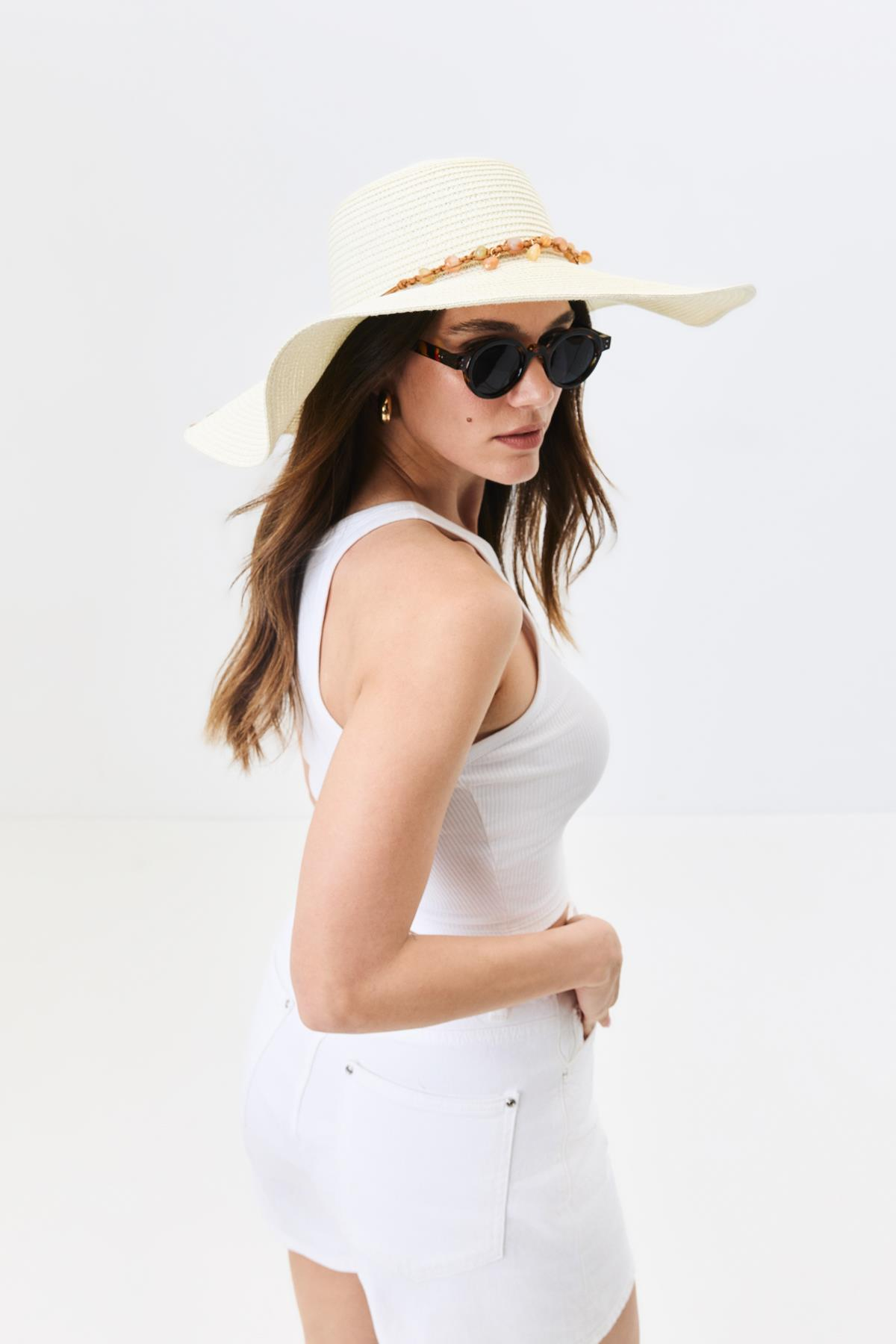 Geniş Kenar Hasır Plaj Şapkası Y25730-12 Krem