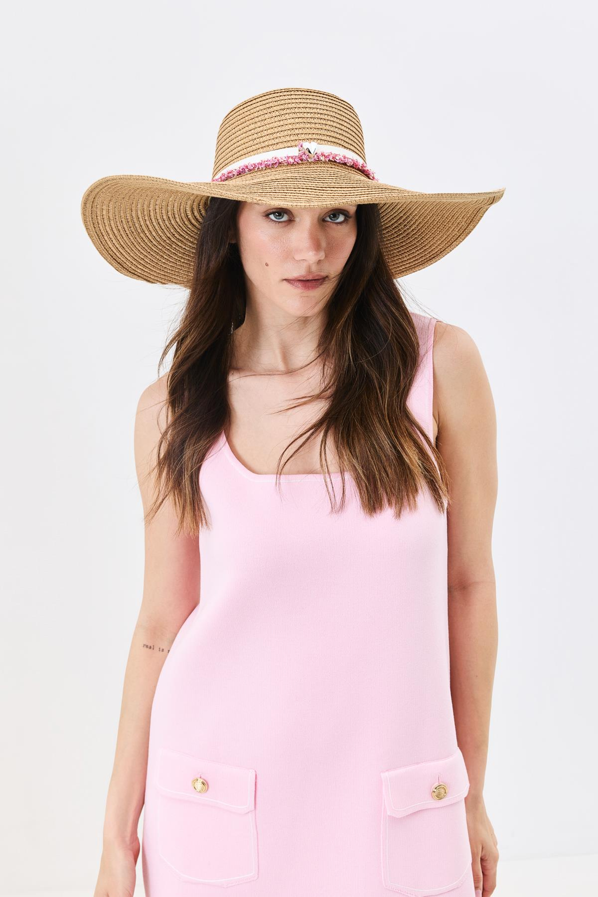 Geniş Kenar Hasır Plaj Şapkası Y25730-06 Vizon