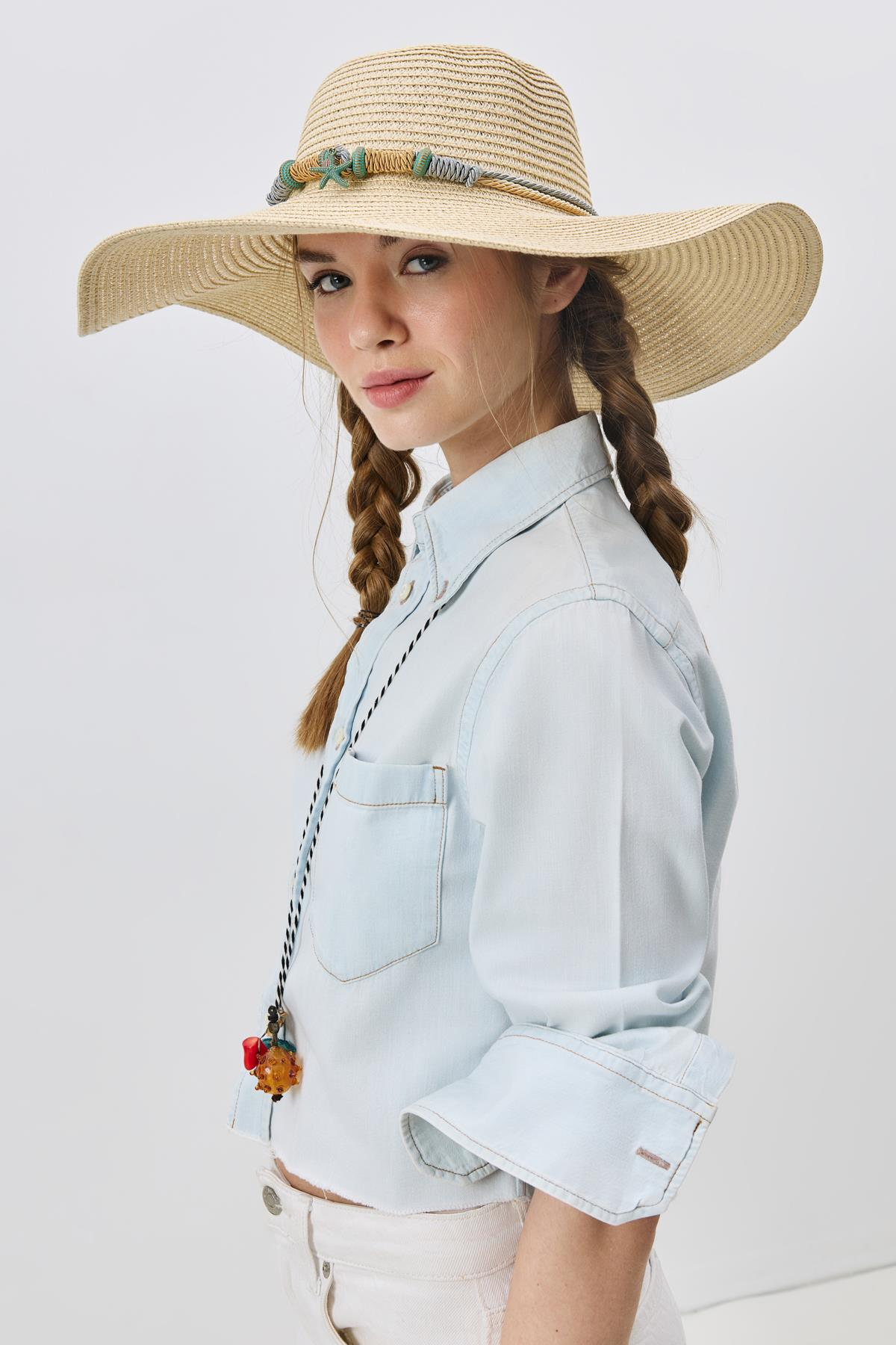 Geniş Kenar Hasır Plaj Şapkası Y25730-14 Bej