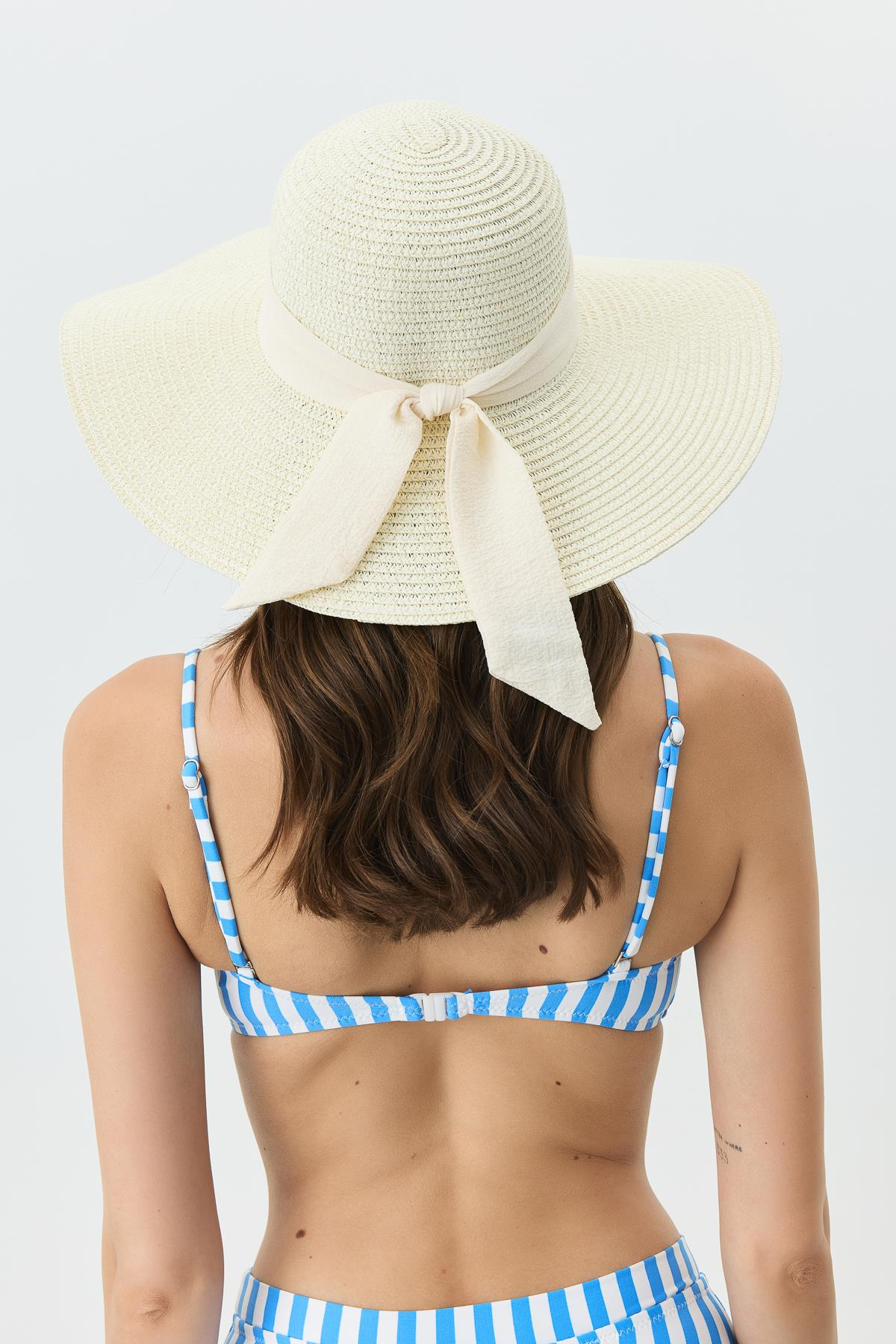 Geniş Kenar Hasır Plaj Şapkası Y25730-10 Krem