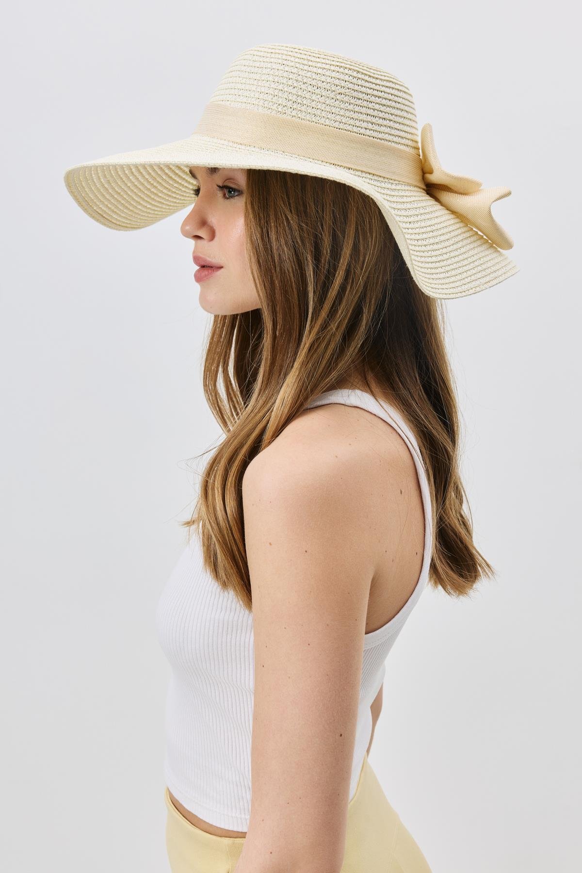 Geniş Kenar Hasır Plaj Şapkası Y25730-17 Krem
