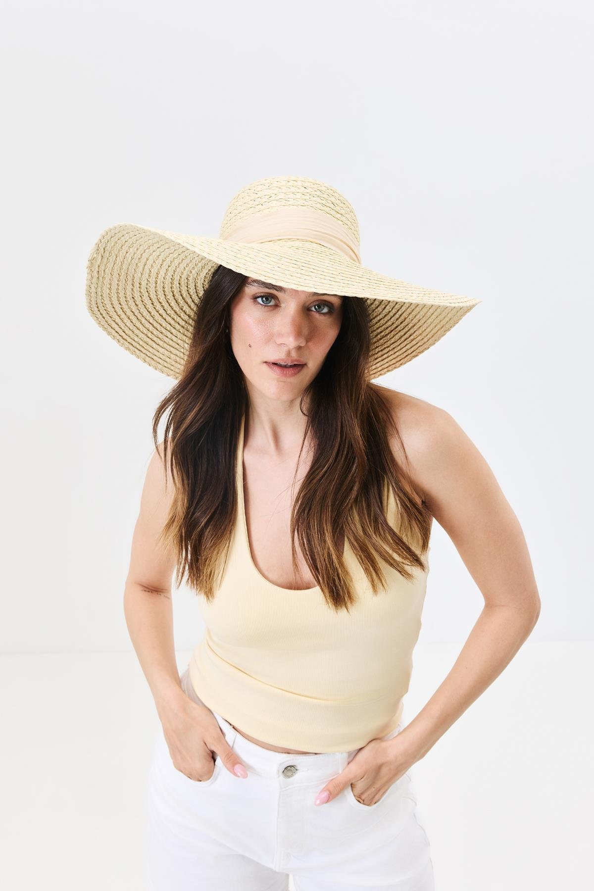 Geniş Kenar Hasır Plaj Şapkası Y25730-16 Bej