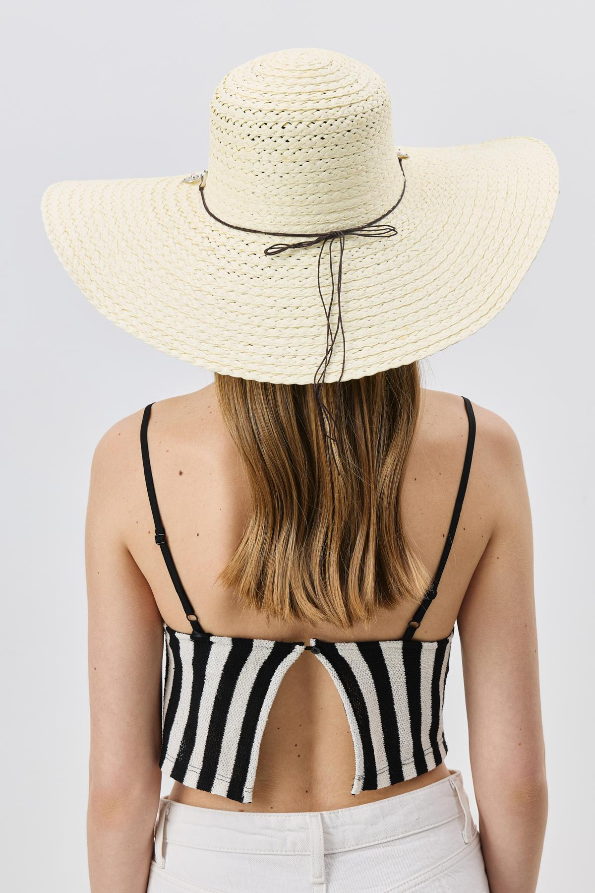 Geniş Kenar Hasır Plaj Şapkası Y25730-15 Krem