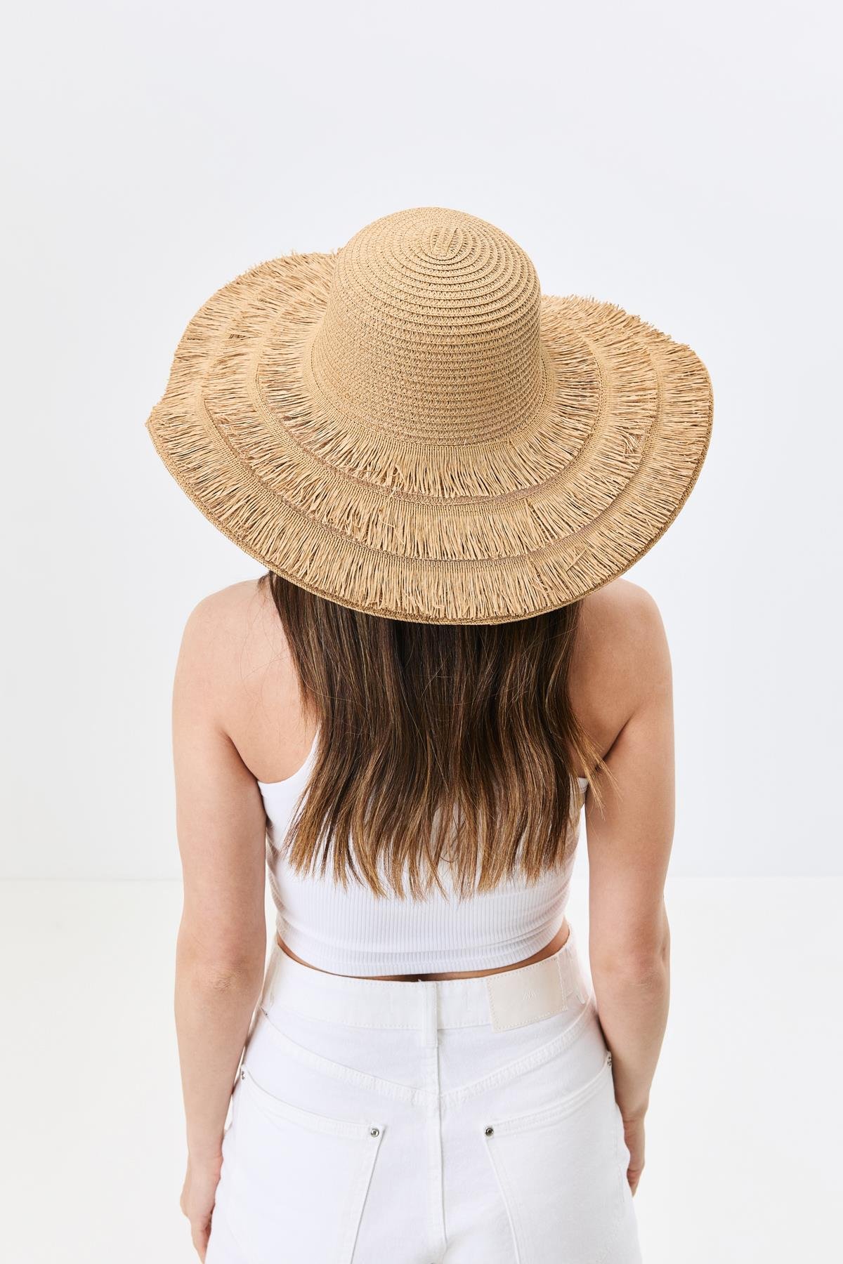 Geniş Kenar Hasır Plaj Şapkası Y25730-07 Vizon