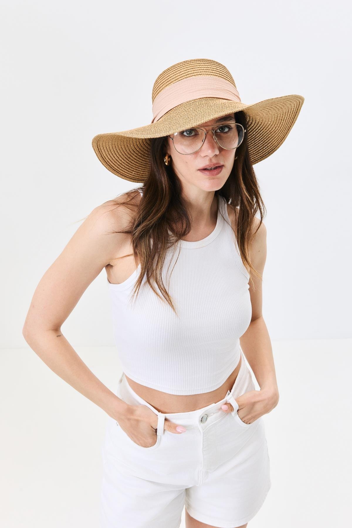 Geniş Kenar Hasır Plaj Şapkası Y25730-10 Vizon