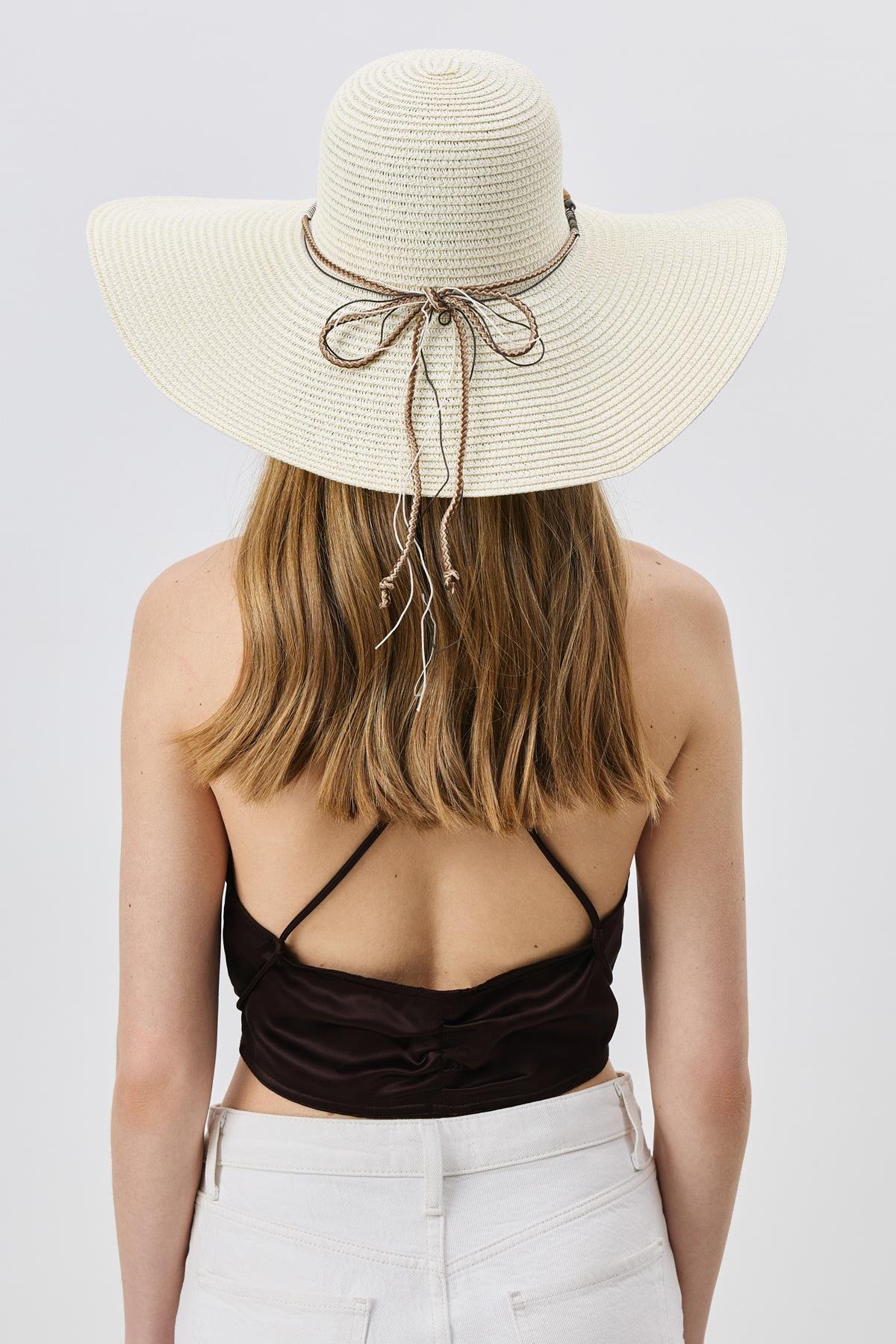 Geniş Kenar Hasır Plaj Şapkası Y25730-01 Krem