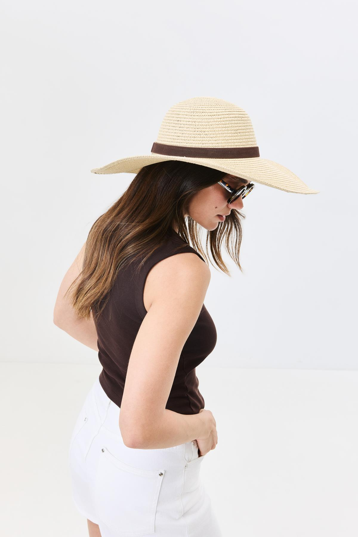 Geniş Kenar Hasır Plaj Şapkası Y25730-08 Bej