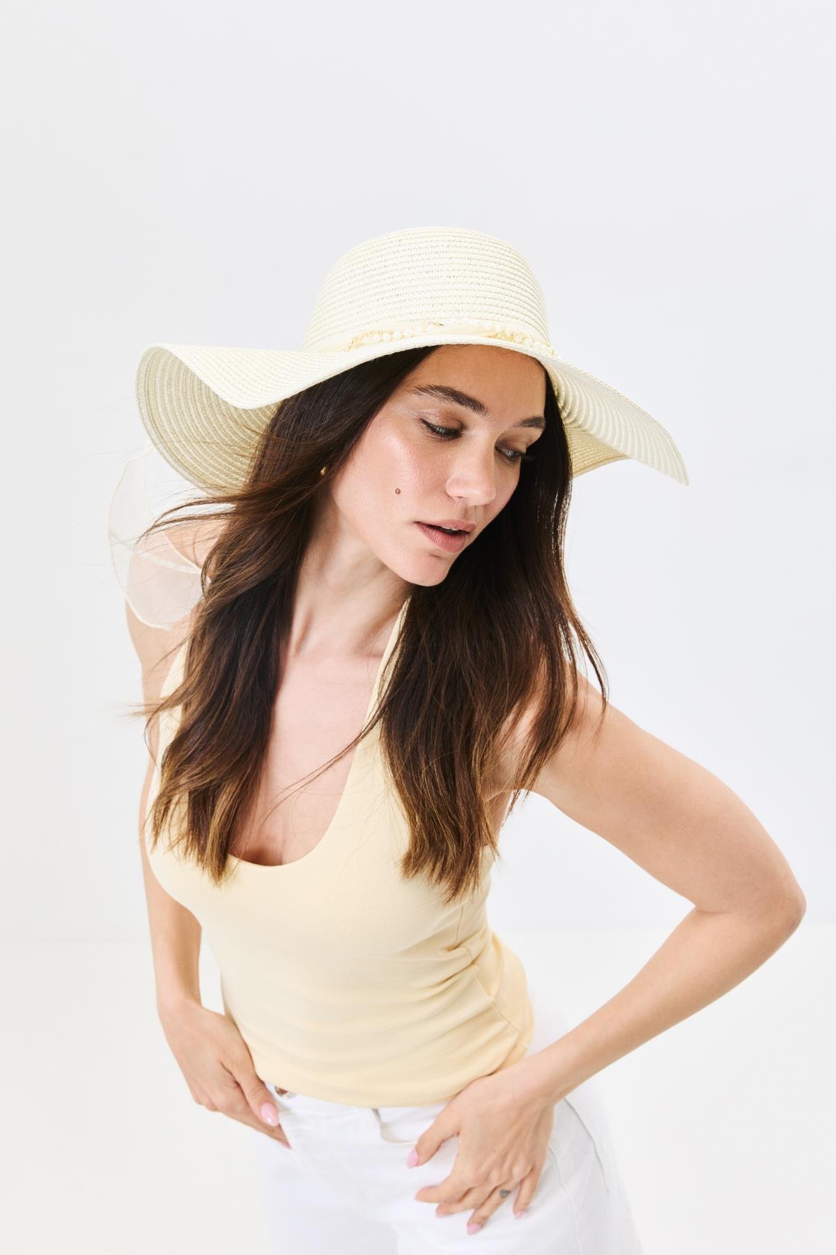 Geniş Kenar Hasır Plaj Şapkası Y25730-09 Krem