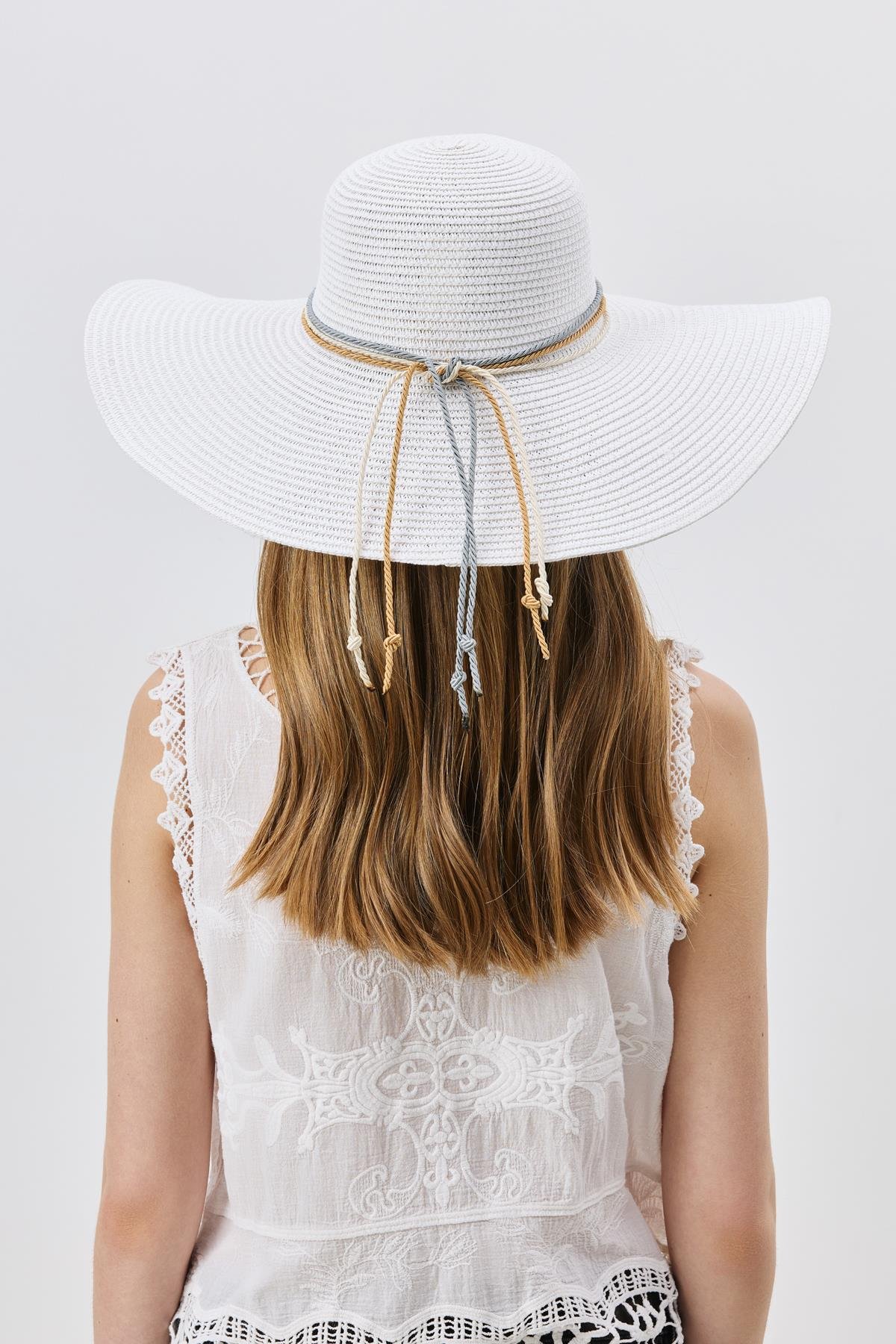 Geniş Kenar Hasır Plaj Şapkası Y25730-14 Beyaz