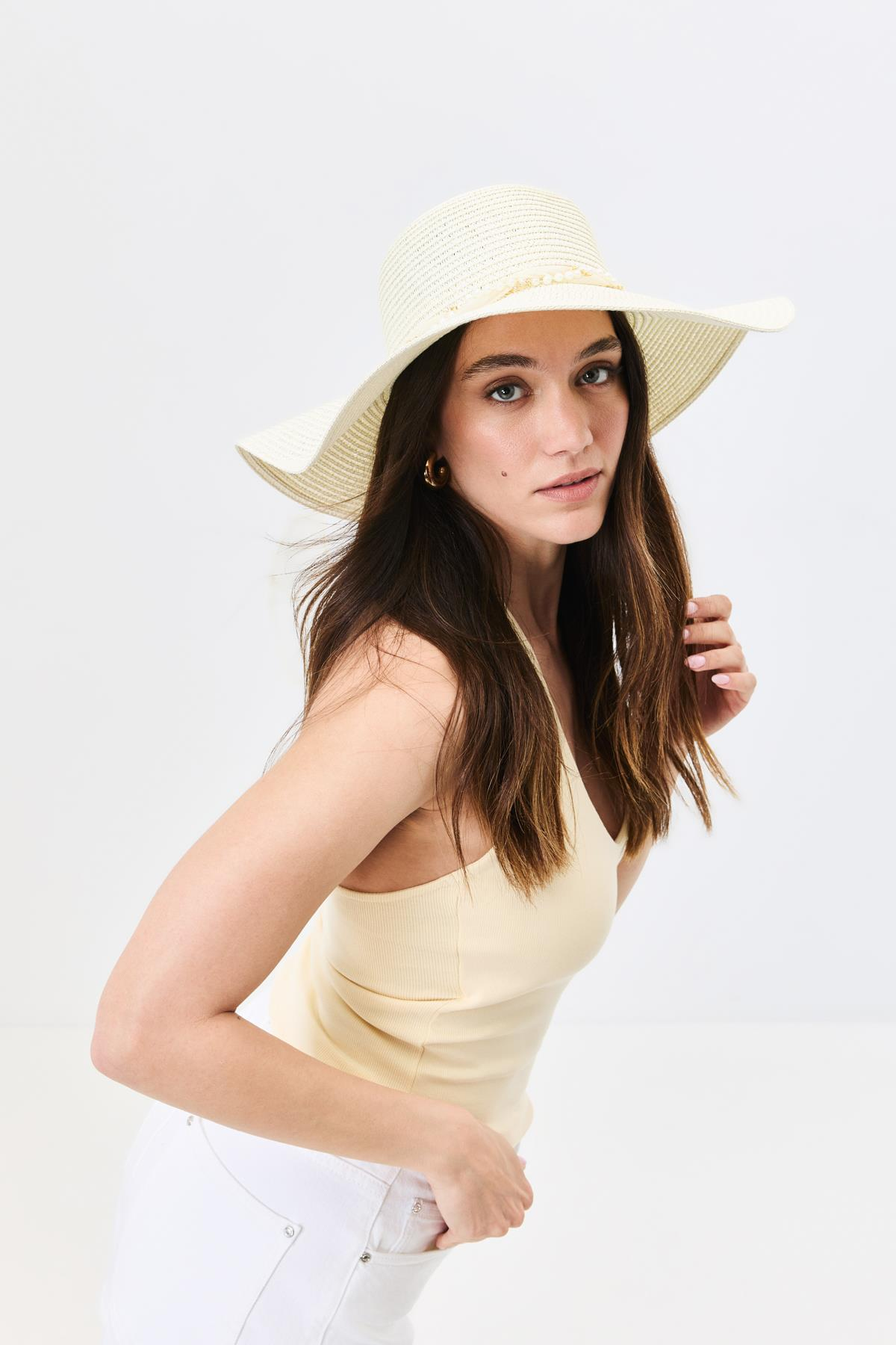 Geniş Kenar Hasır Plaj Şapkası Y25730-09 Krem