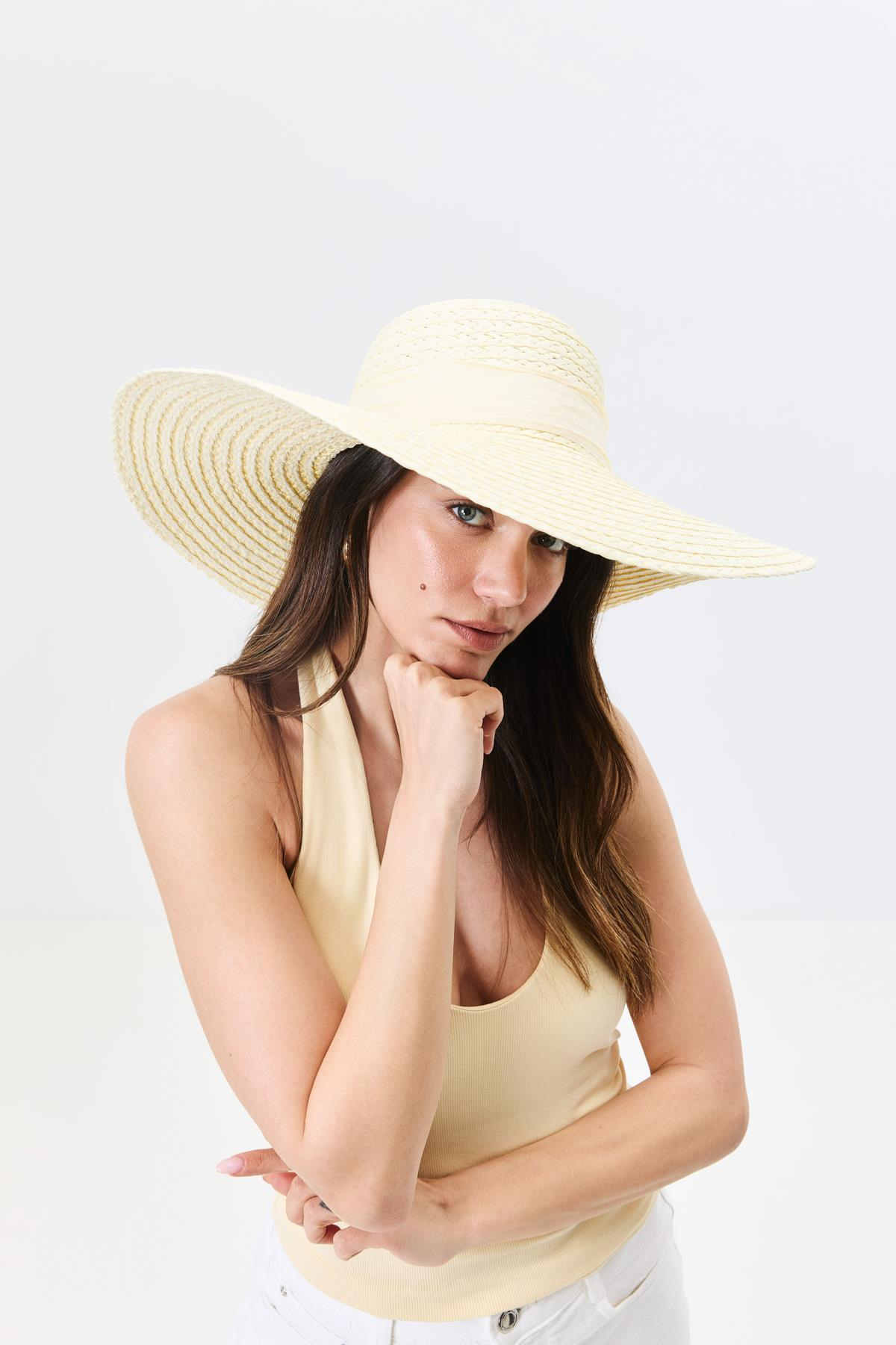 Geniş Kenar Hasır Plaj Şapkası Y25730-16 Krem
