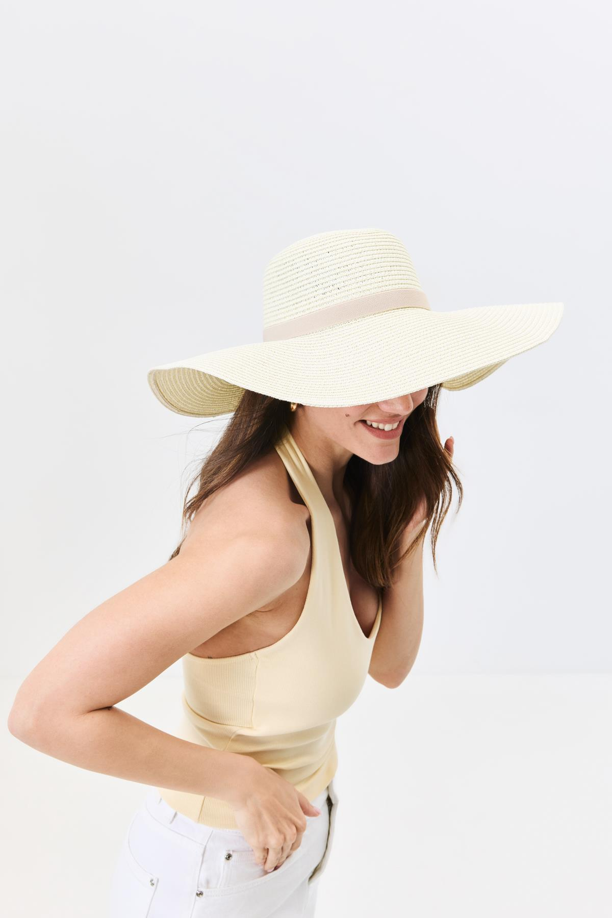 Geniş Kenar Hasır Plaj Şapkası Y25730-08 Krem