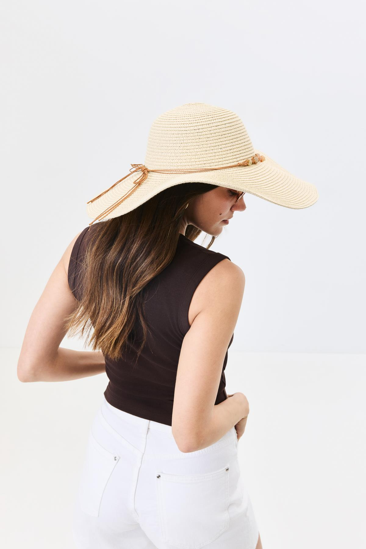 Geniş Kenar Hasır Plaj Şapkası Y25730-12 Bej