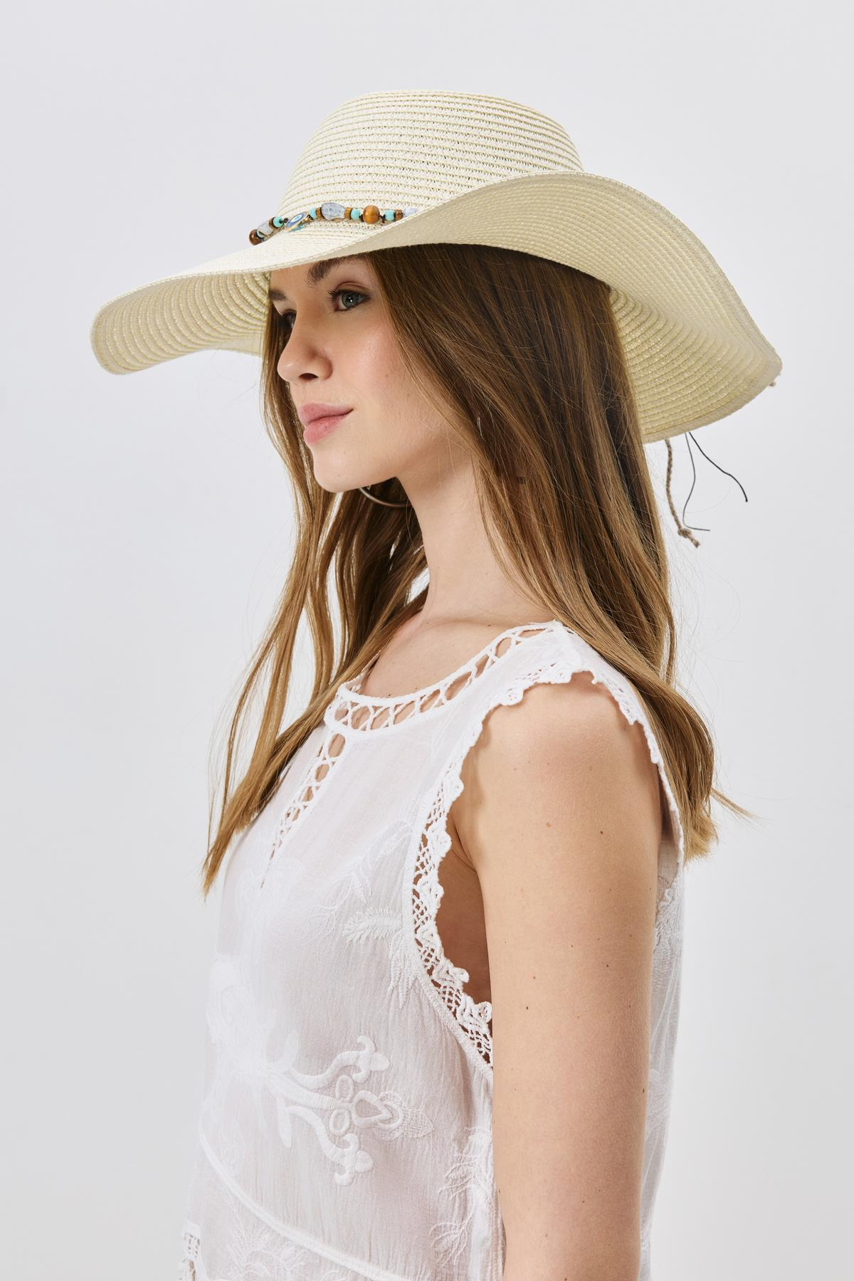 Geniş Kenar Hasır Plaj Şapkası Y25730-13 Krem