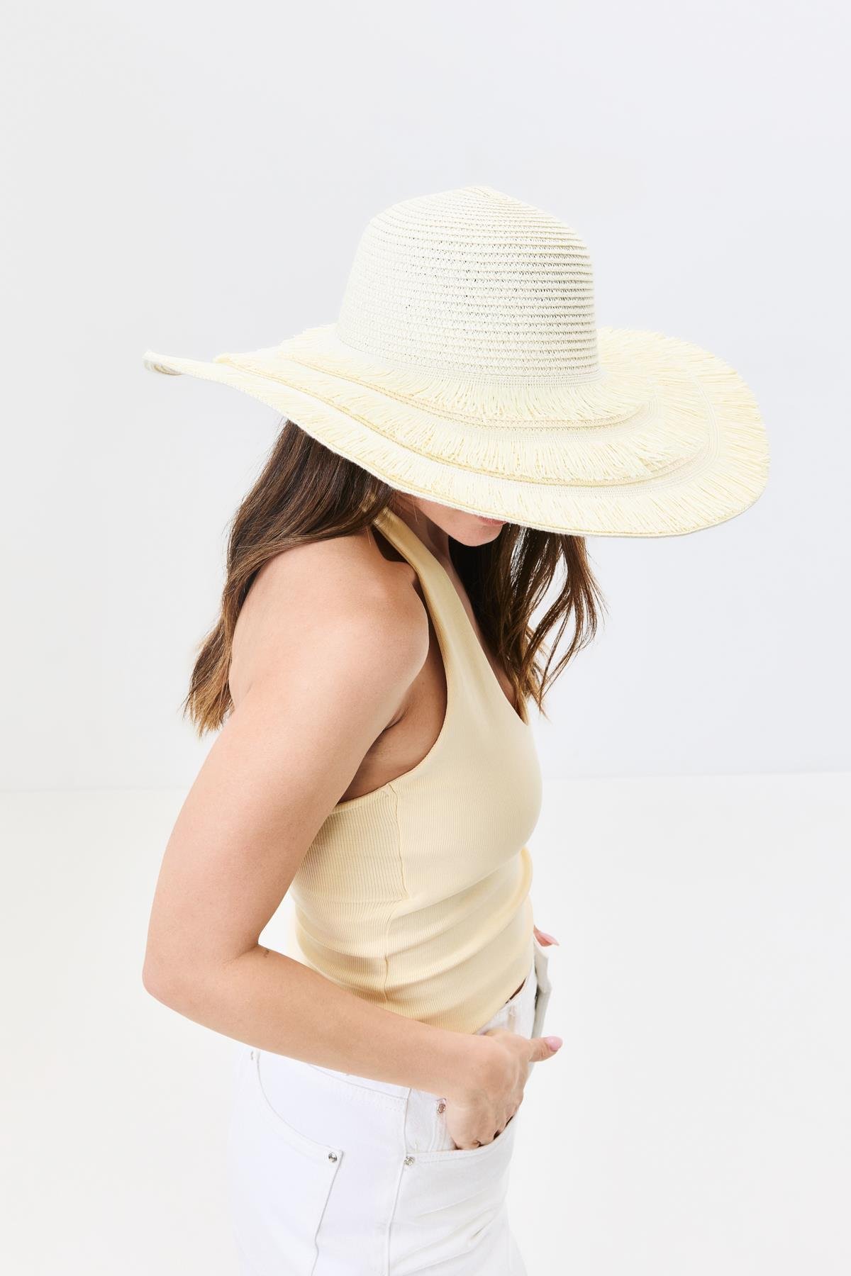 Geniş Kenar Hasır Plaj Şapkası Y25730-07 Krem