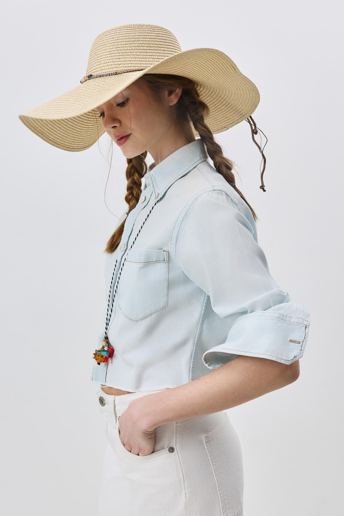 Geniş Kenar Hasır Plaj Şapkası Y25730-01 Bej