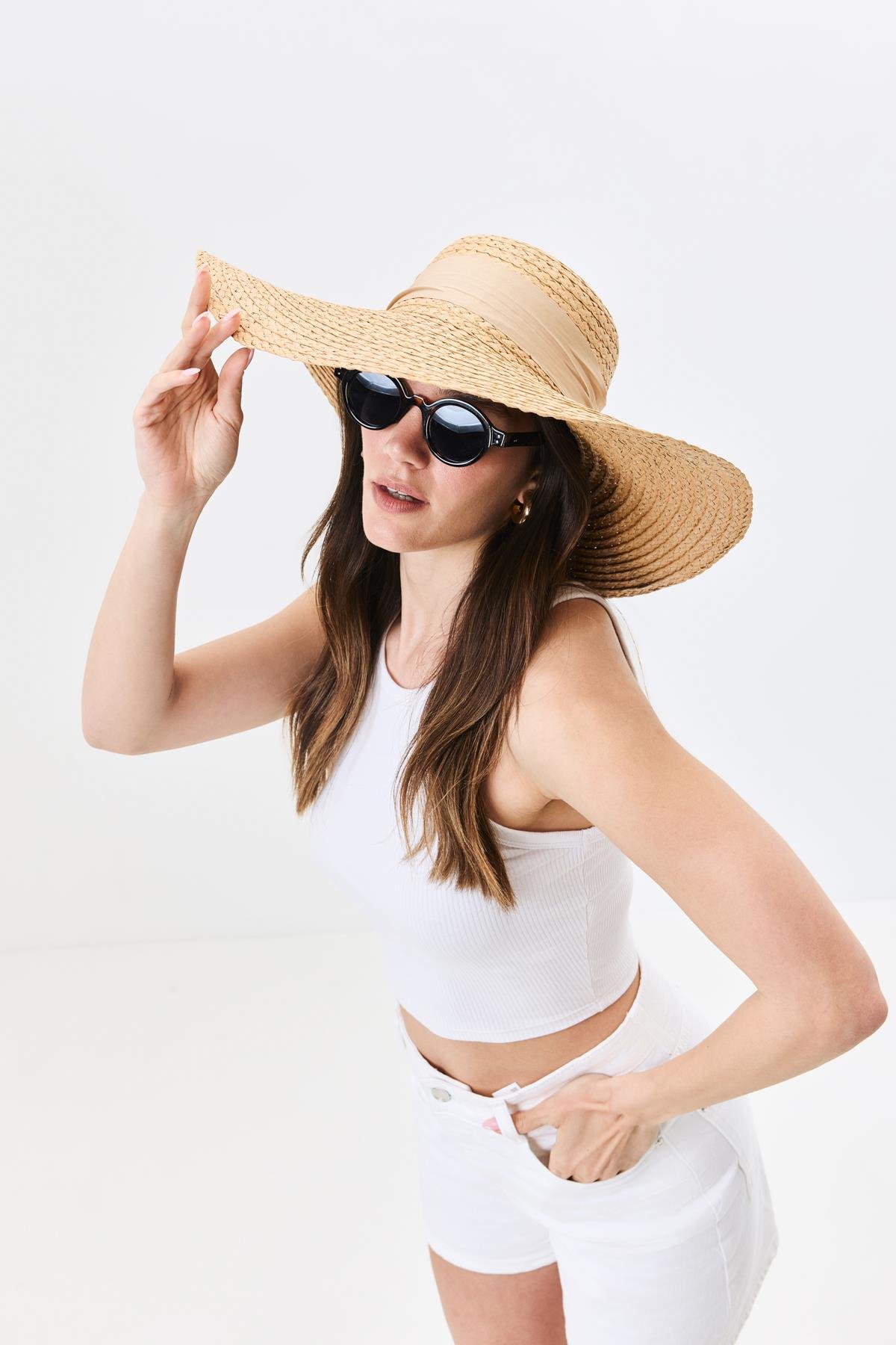 Geniş Kenar Hasır Plaj Şapkası Y25730-16 Vizon