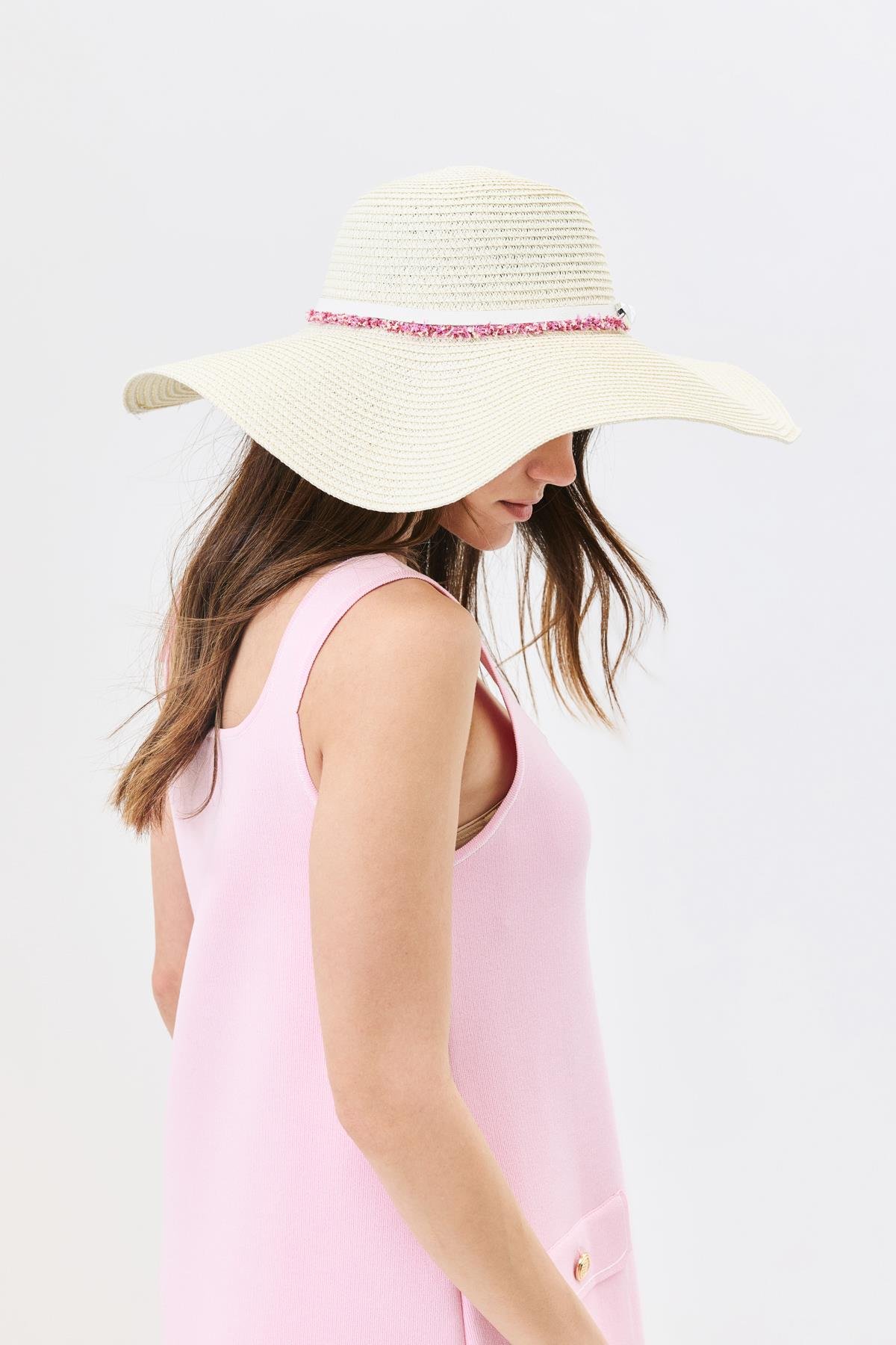 Geniş Kenar Hasır Plaj Şapkası Y25730-06 Krem