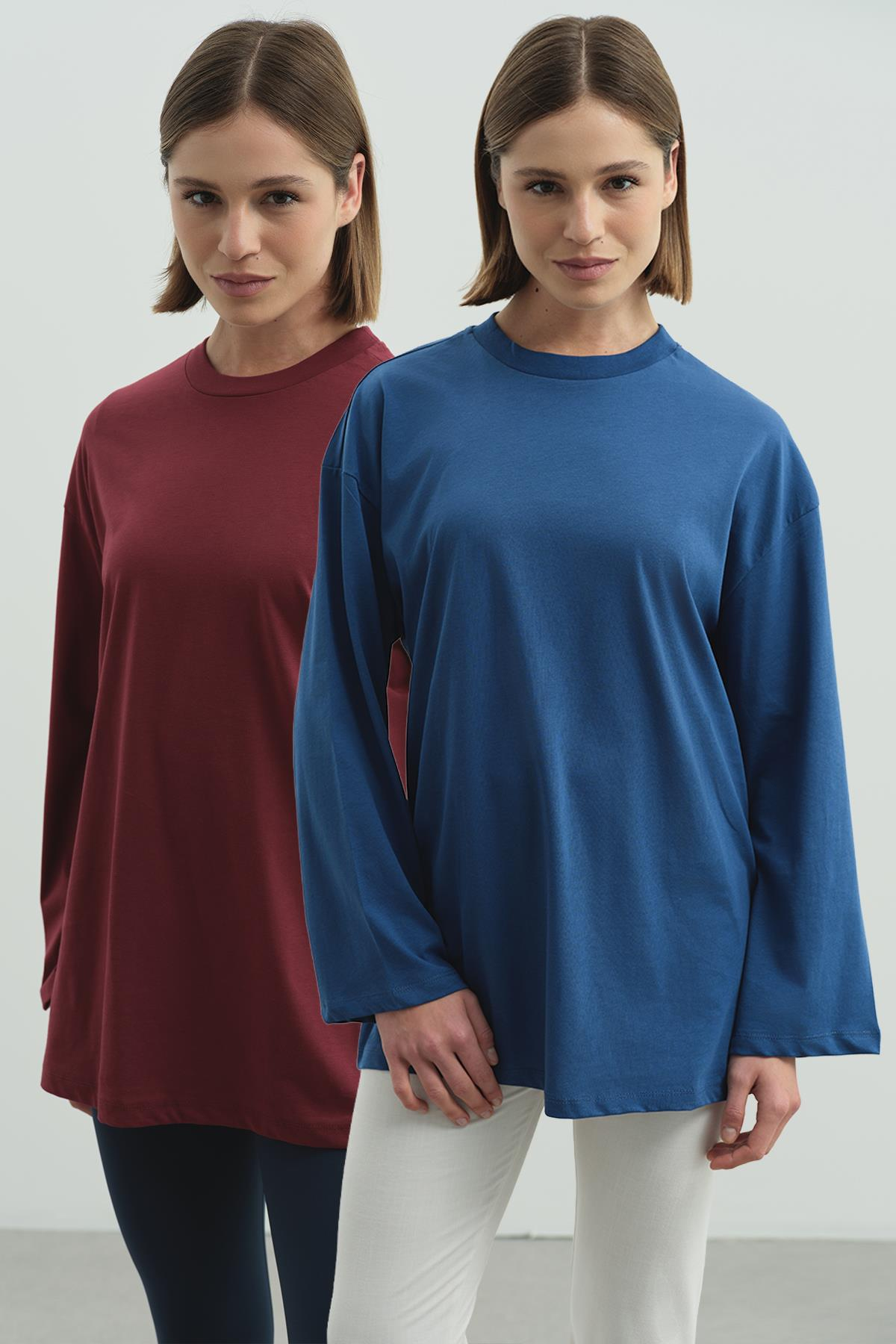 Geniş Kol Oversize 2'li Paket T-Shirt 964 İndigo/Bordo