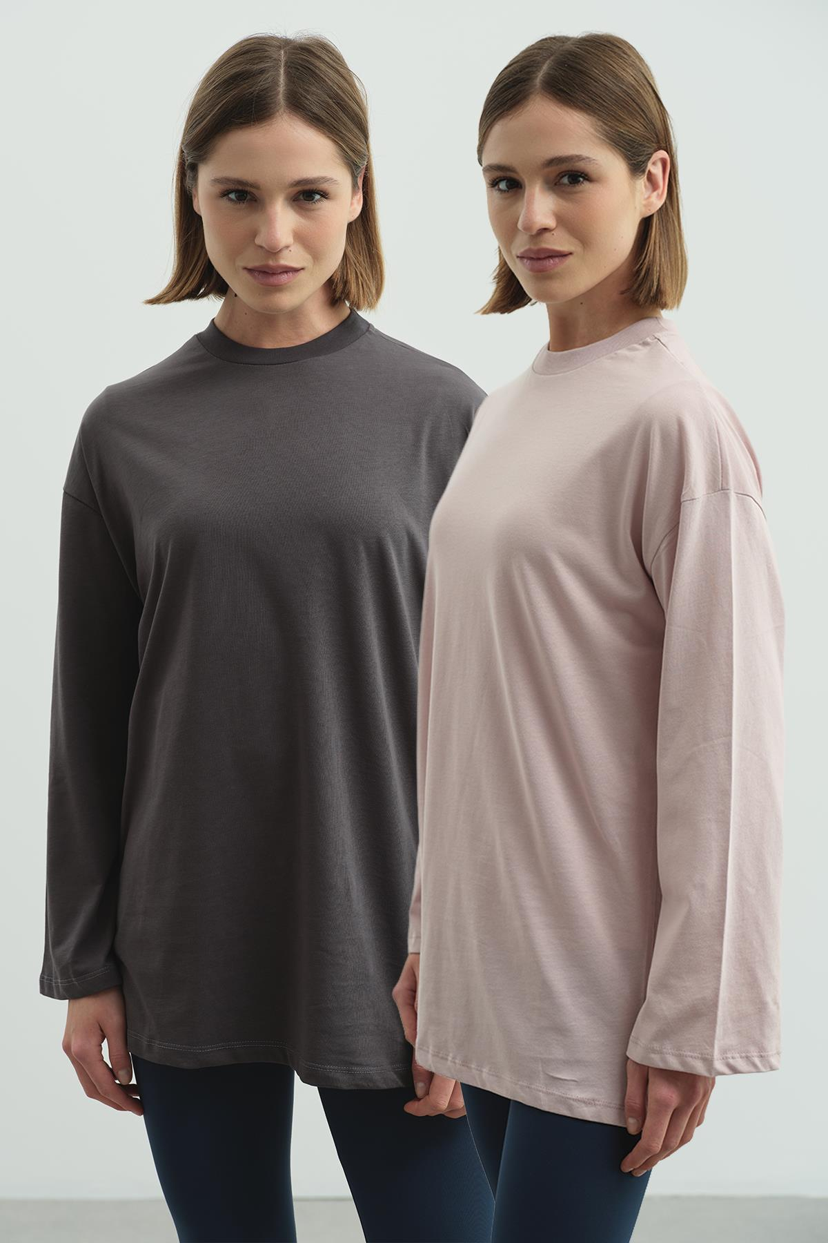 Geniş Kol Oversize 2'li Paket T-Shirt 964 Lila/Füme