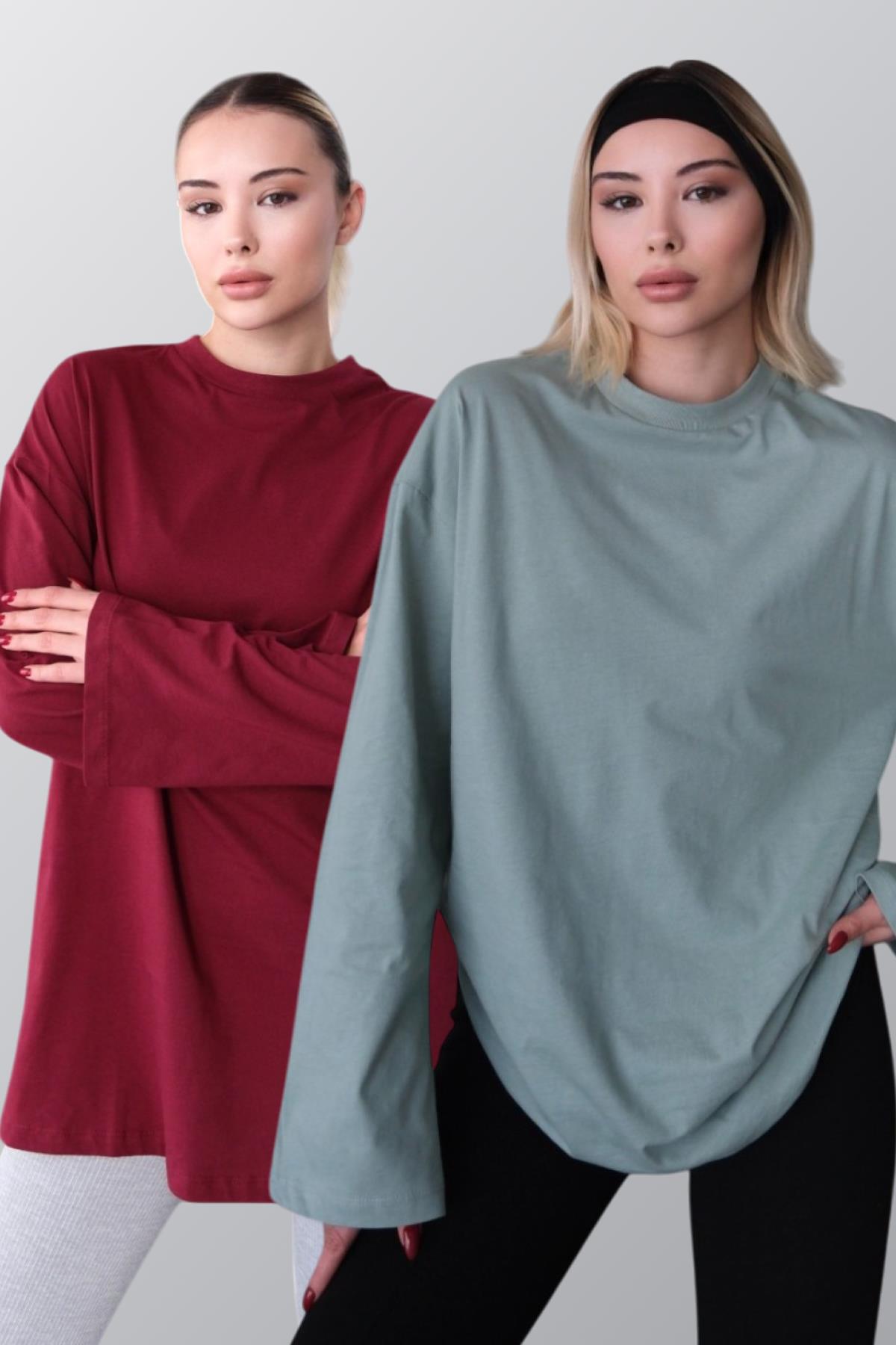 Geniş Kol Oversize 2'li Paket T-Shirt 964 Çağla/Bordo