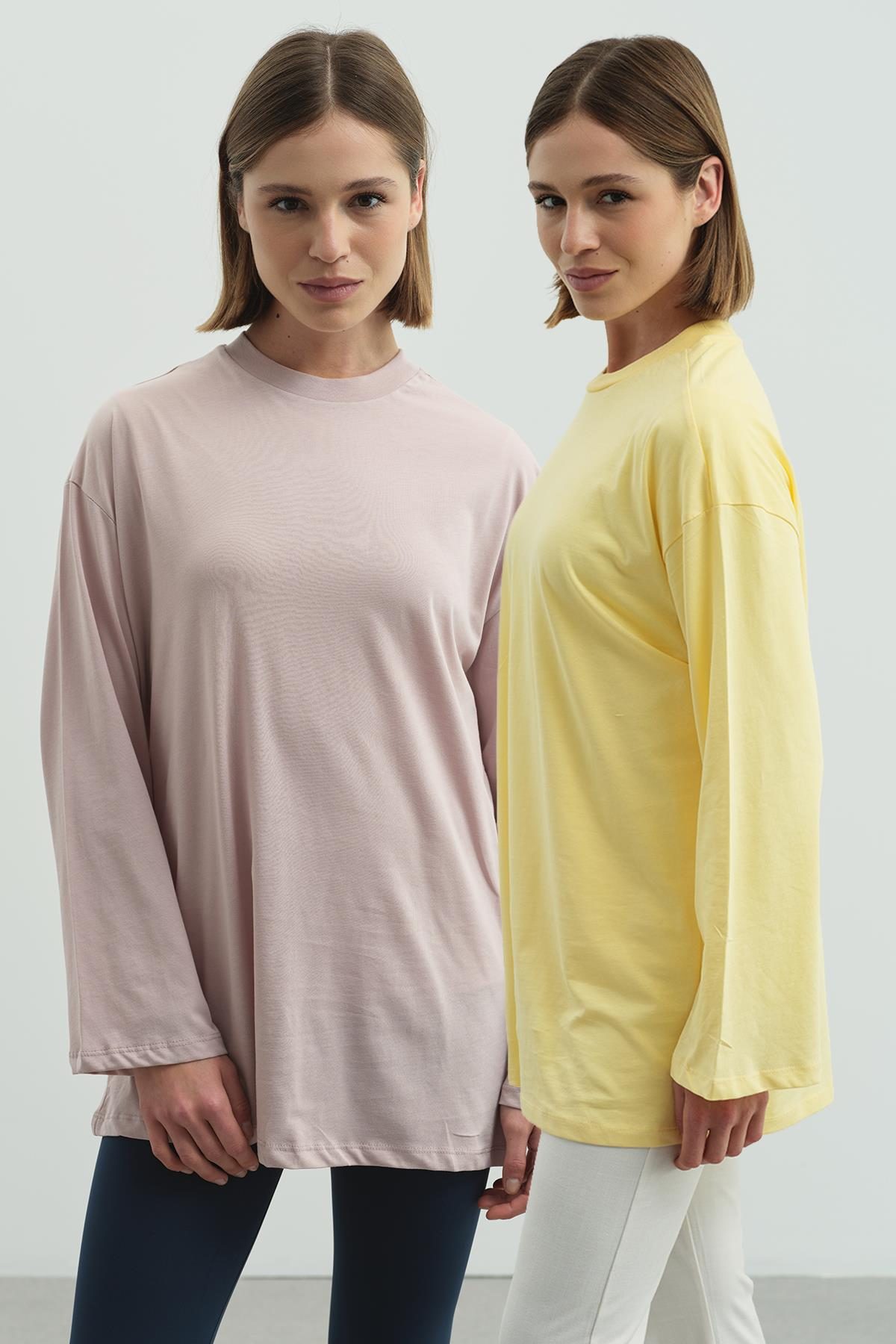 Geniş Kol Oversize 2'li Paket T-Shirt 964 Lila/Sarı