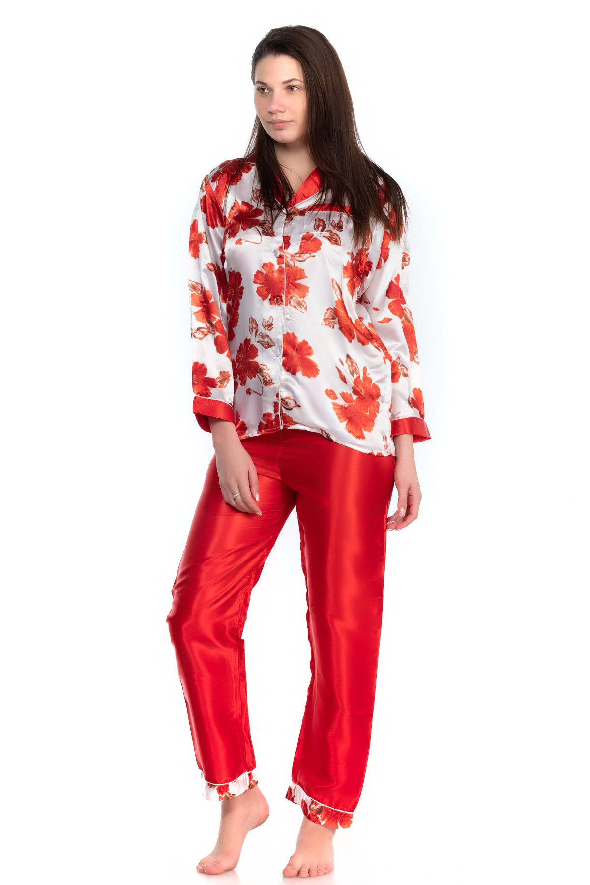 Glorious Time Kadın Desenli Saten Pijama Takım Kırmızı