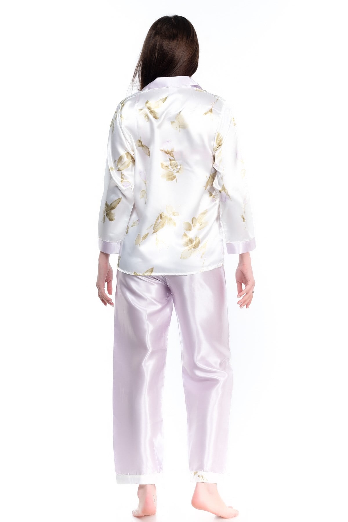 Glorious Time Kadın Desenli Saten Pijama Takım Ekru