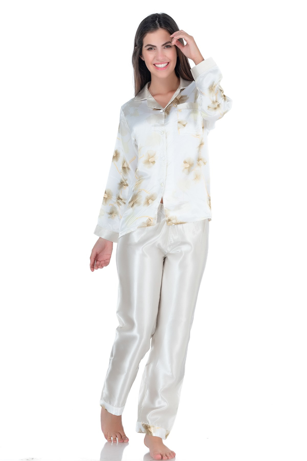 Glorious Time Kadın Desenli Saten Pijama Takım Yeşil