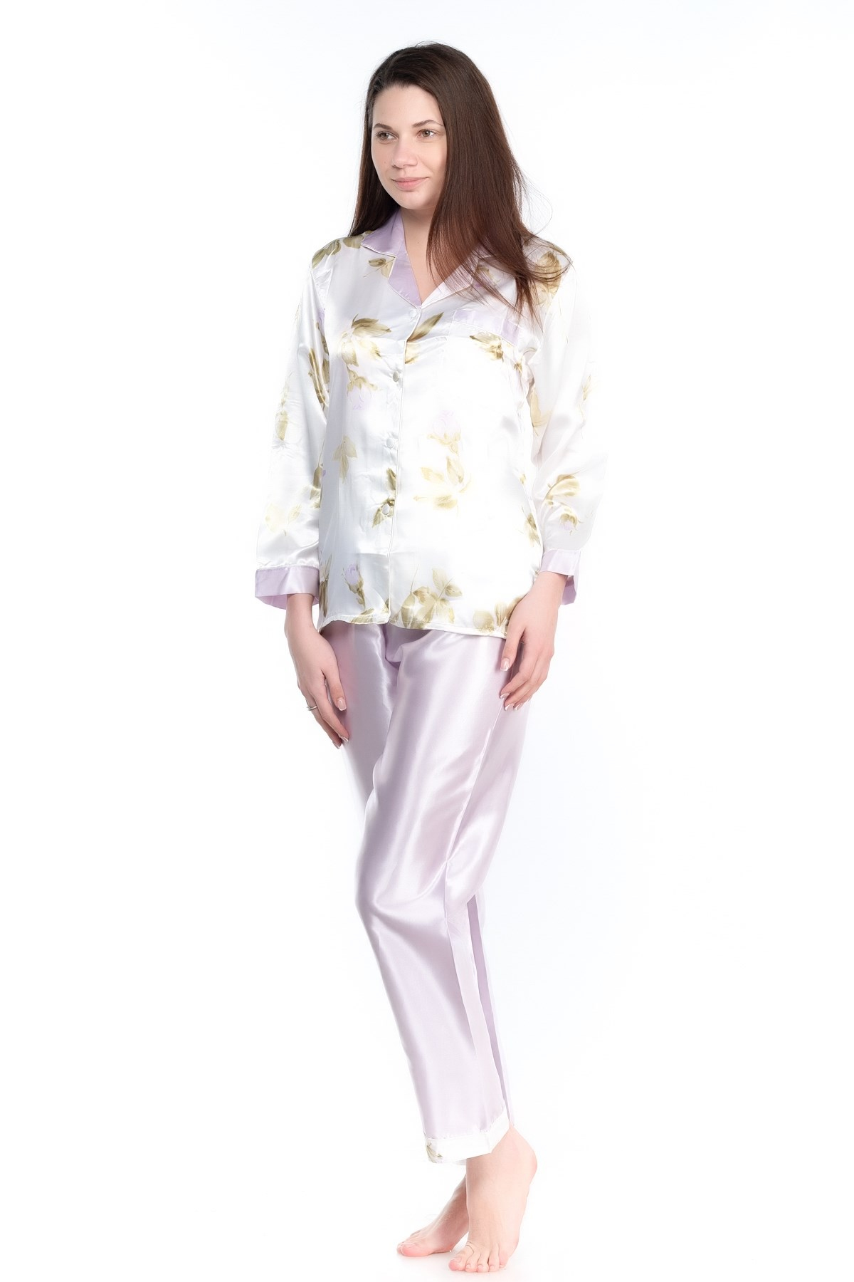 Glorious Time Kadın Desenli Saten Pijama Takım Ekru