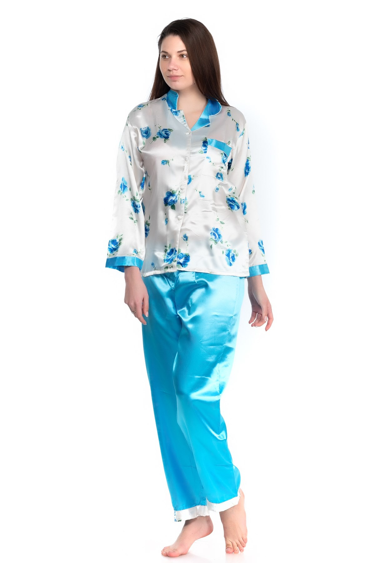 Glorious Time Kadın Desenli Saten Pijama Takım Turkuaz