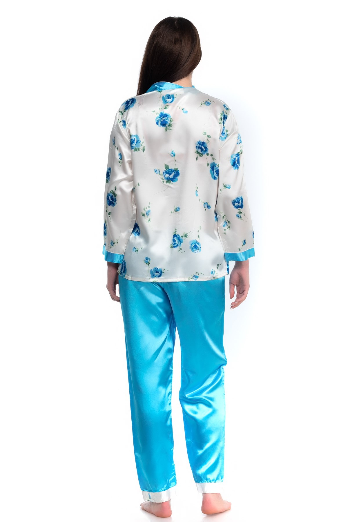 Glorious Time Kadın Desenli Saten Pijama Takım Turkuaz