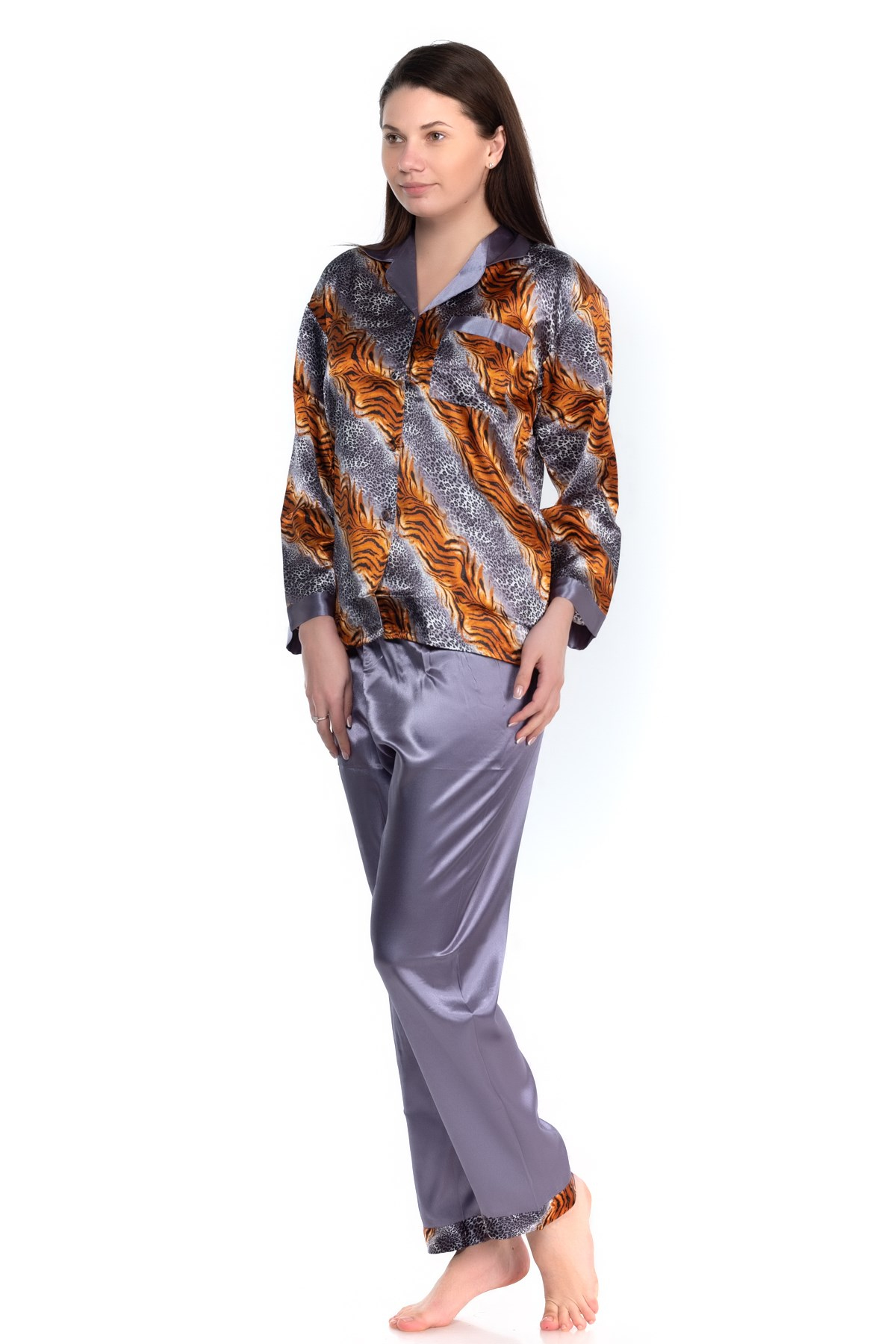Glorious Time Kadın Desenli Saten Pijama Takım Gri