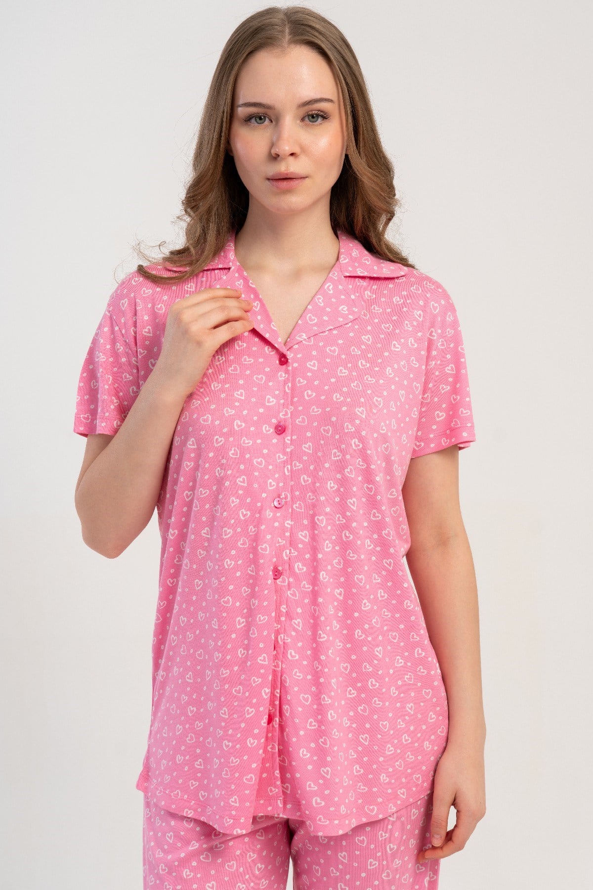 Gömlek Yaka Önden Düğmeli Pijama Takımı Pembe-512184