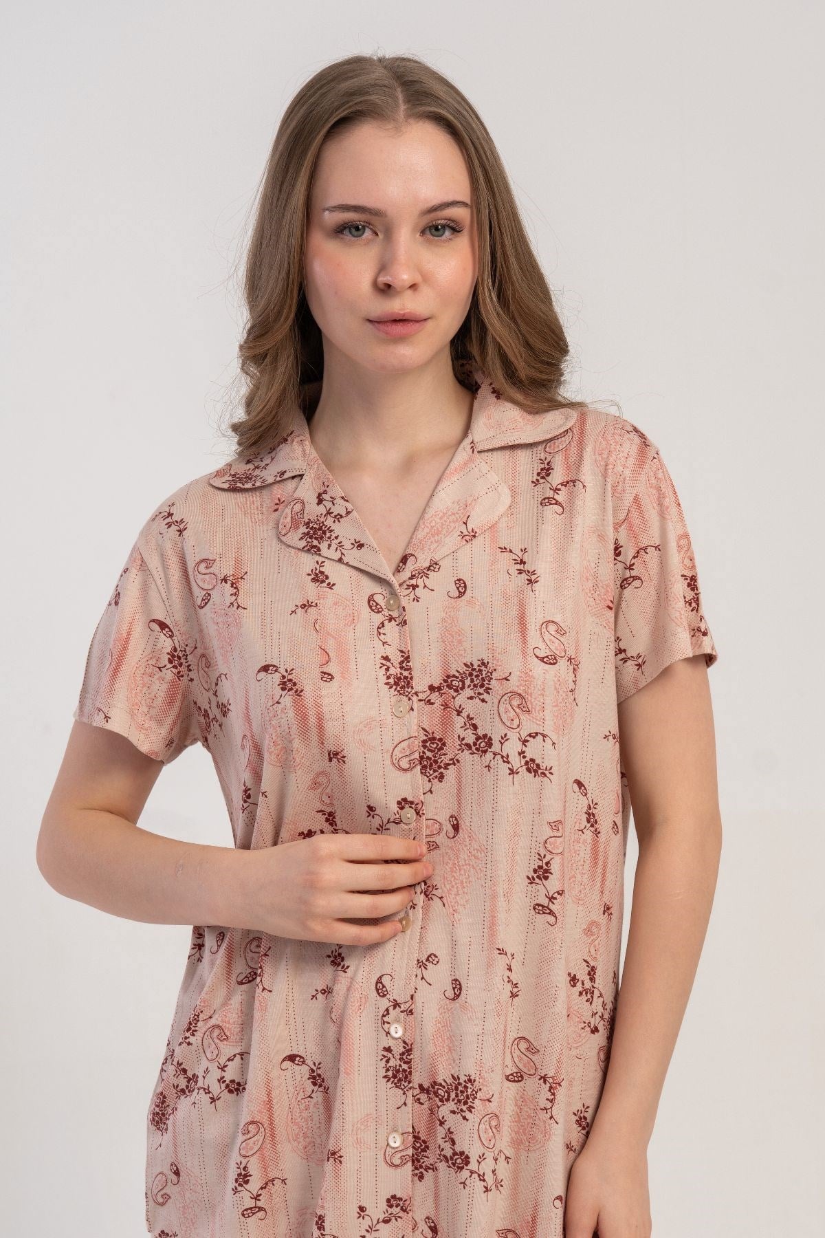 Gömlek Yaka Önden Düğmeli Pijama Takımı Krem-512244