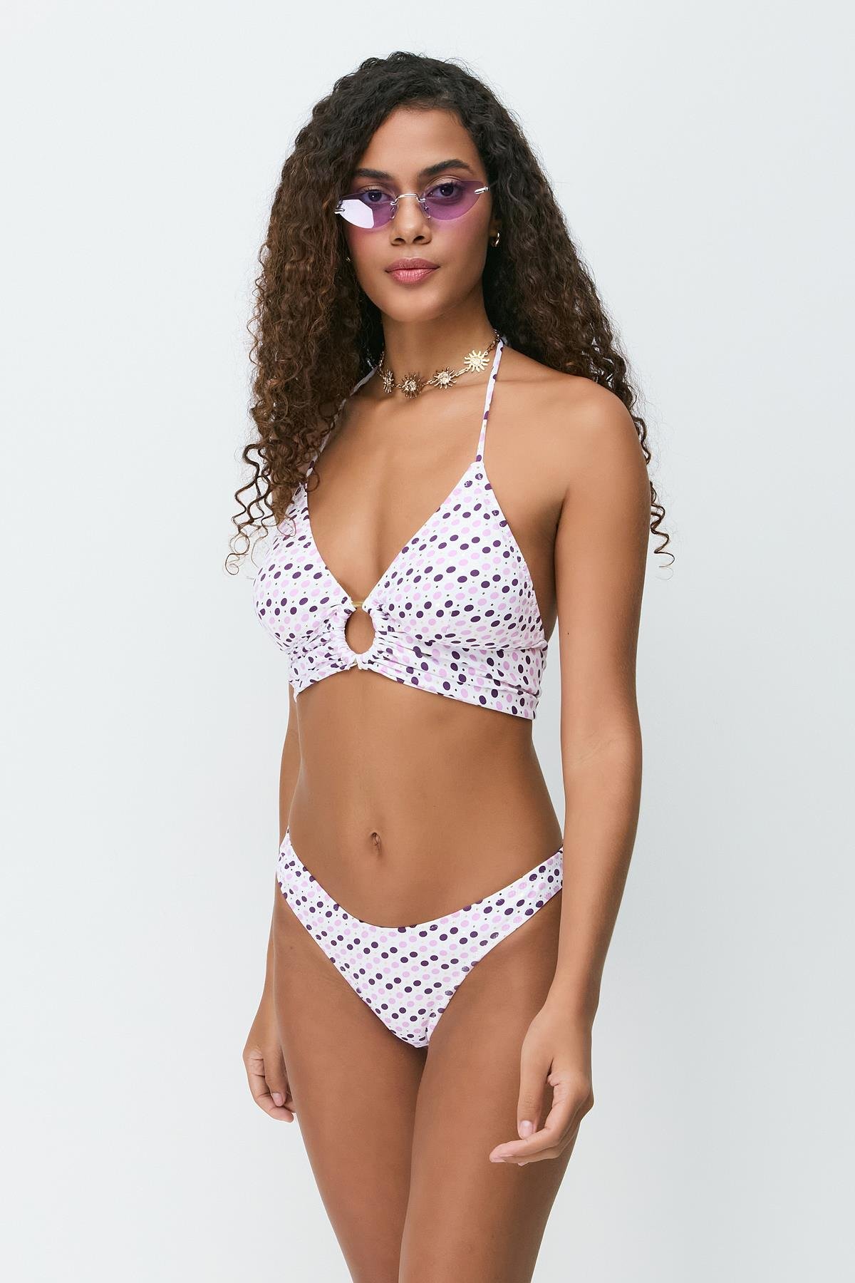 Halka Detay Üçgen Bikini Takım 3278 Mor/Beyaz