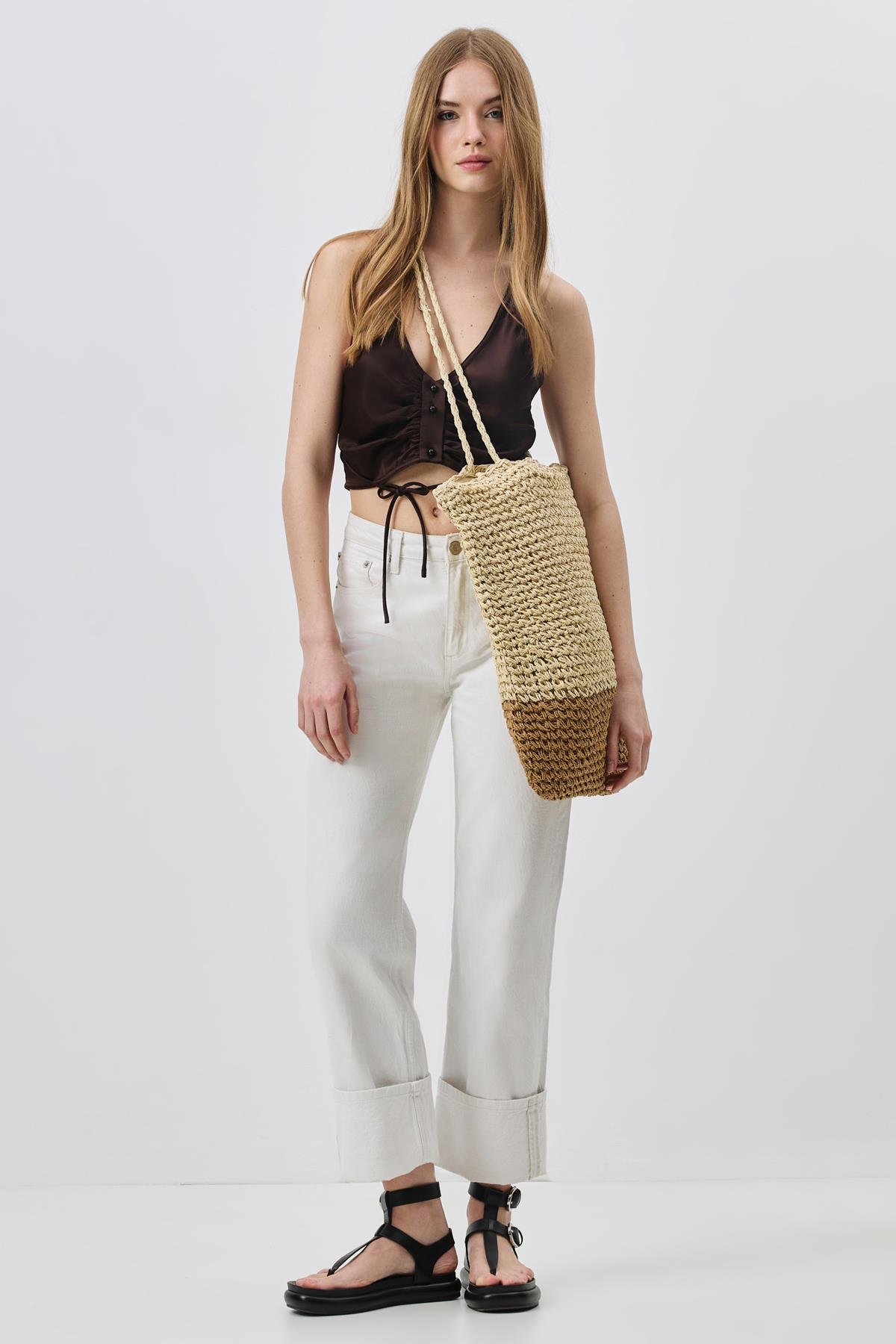 Hasır Omuz Çantası Y9202 Vizon