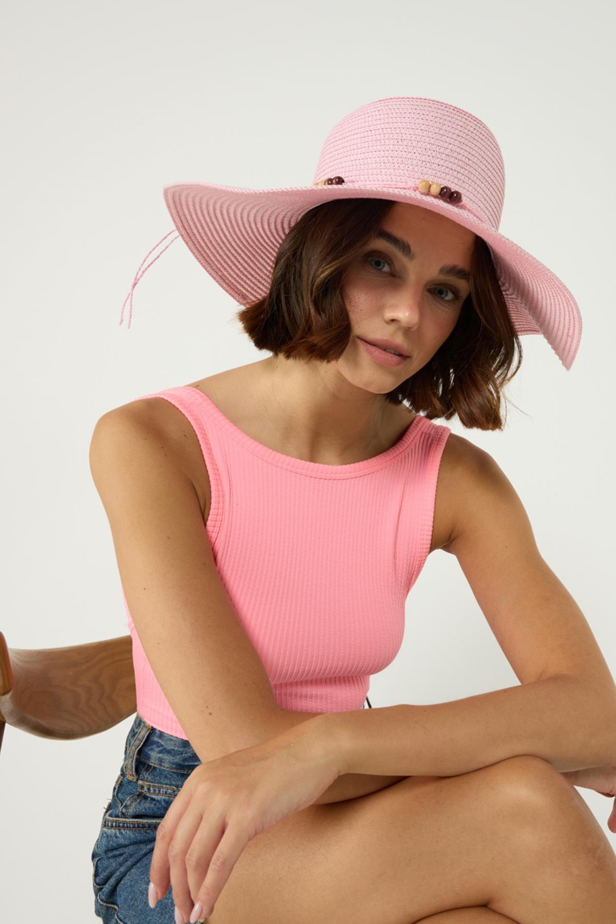Hasır Plaj Şapkası Y8206 Pembe