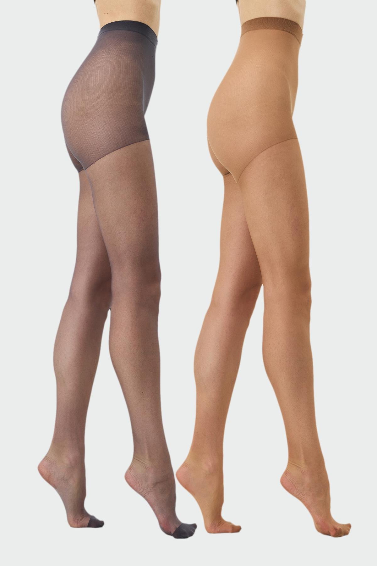 İnce 15 Denye 2'li Külotlu Çorap Bronz/Kızıl Siyah